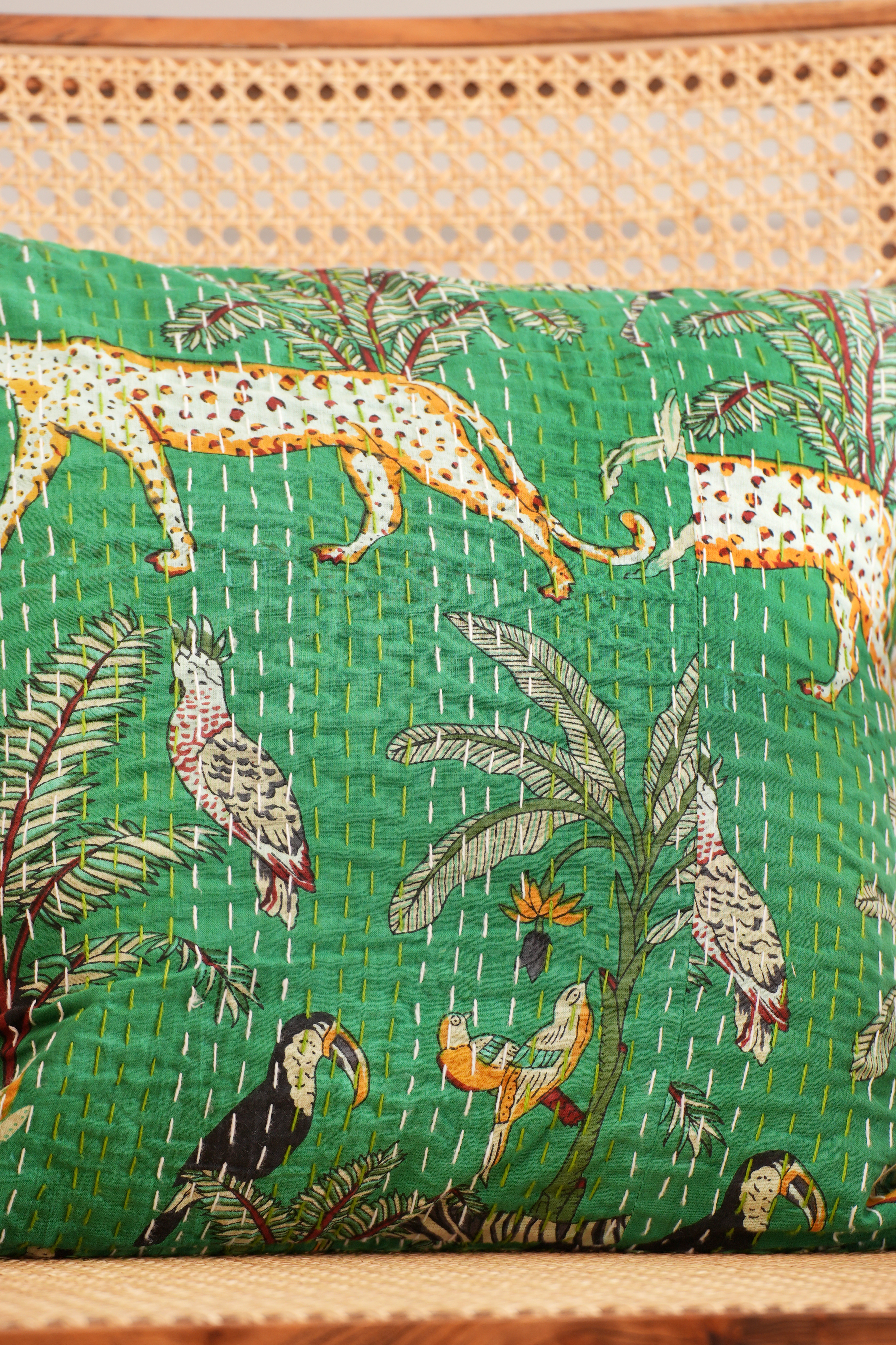 Handmade Cotton Jangal Print Kantha Cushion Cover Green