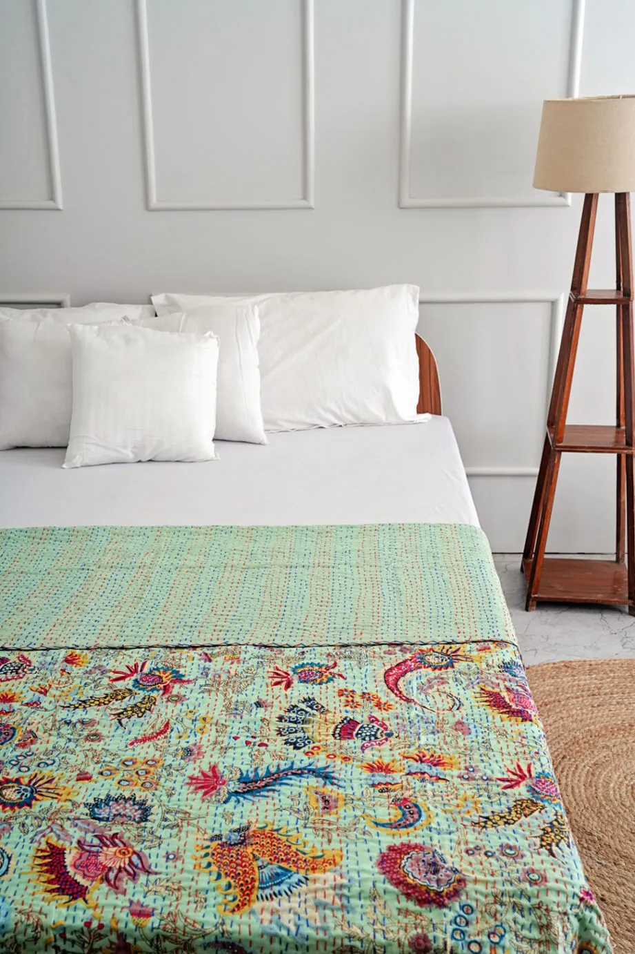 Green Wildflower Kantha Bedspread