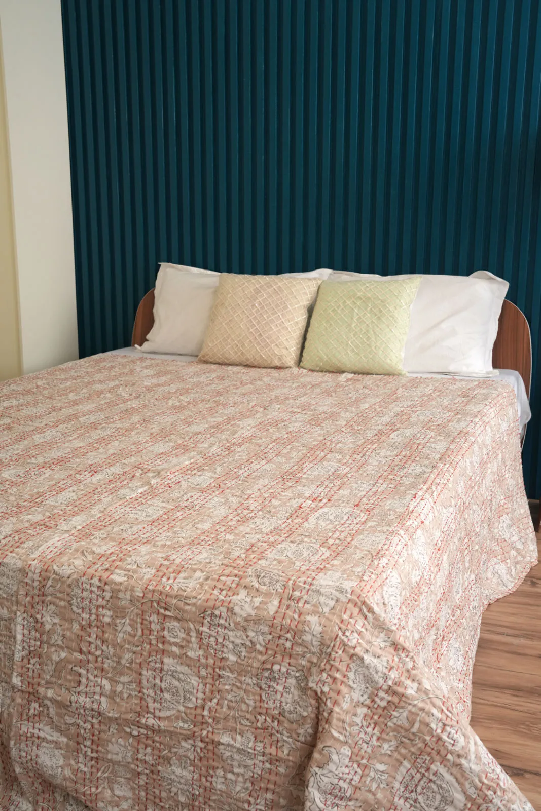 Beige Minimal Printed Kantha Quilt