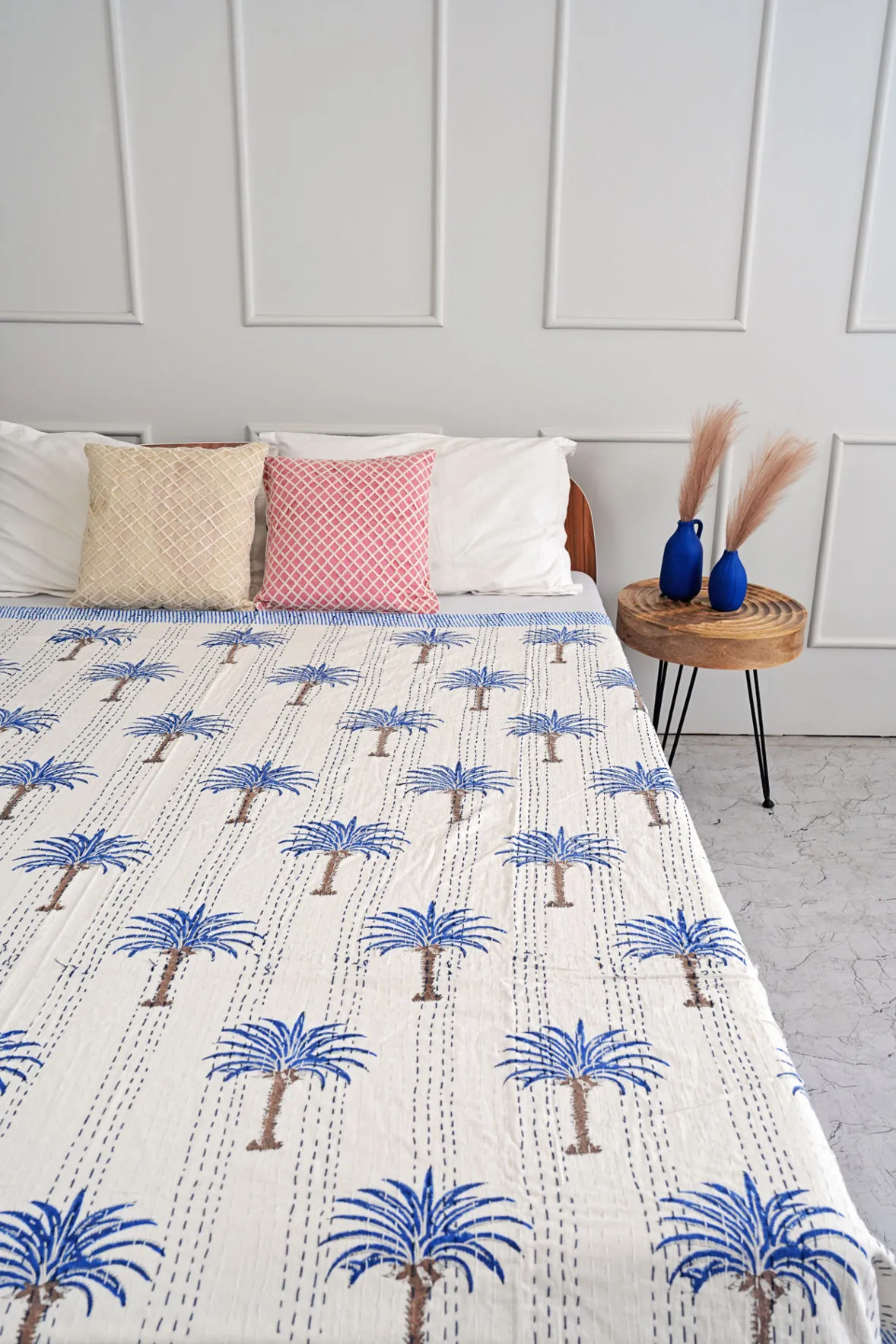 Blue Palm Tree Kantha Quilt