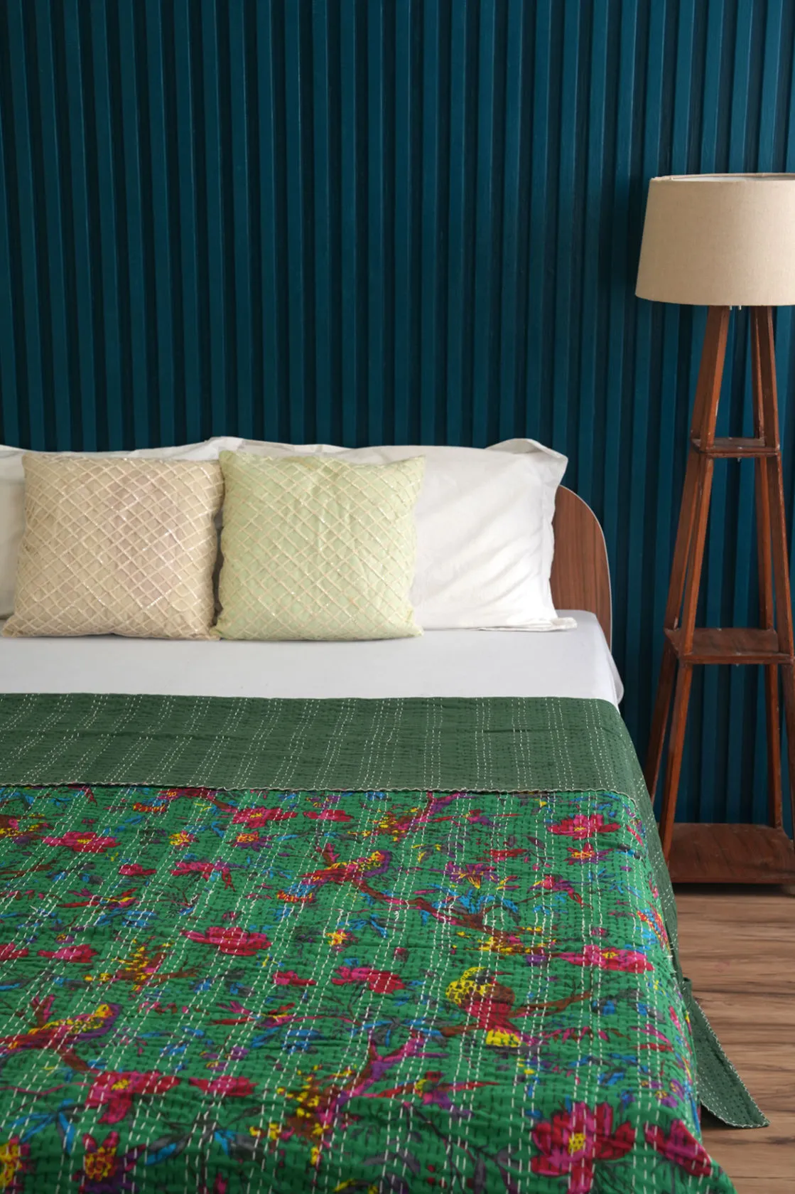 Green Bird Cotton Kantha Quilt