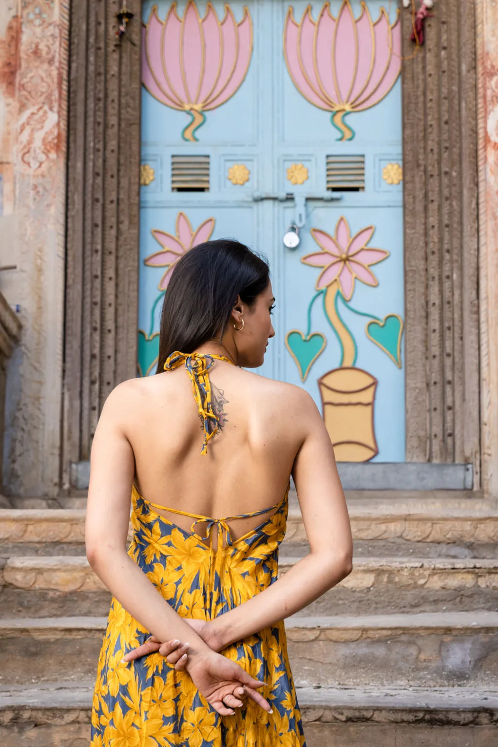 Yellow Silk Sari Printed Halter Backless Maxi Dress