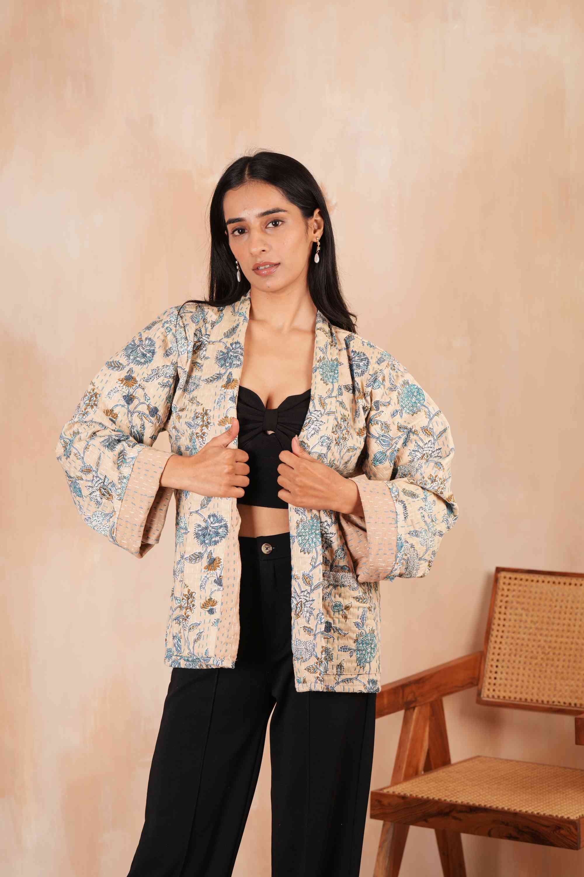 Beige Floral Printed Boho Kantha Jacket