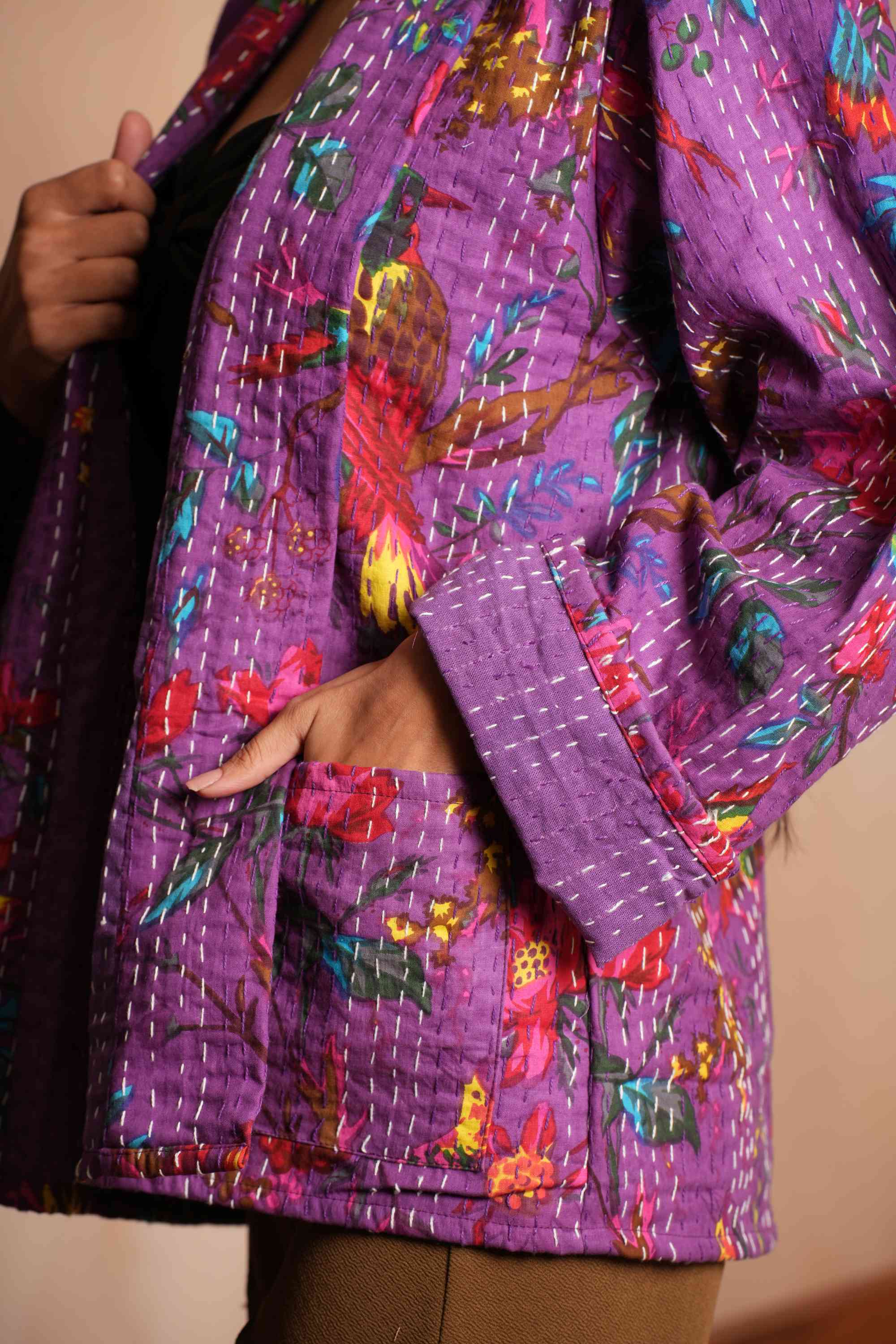 Handmade Peacock Cotton Kantha Jacket Purple