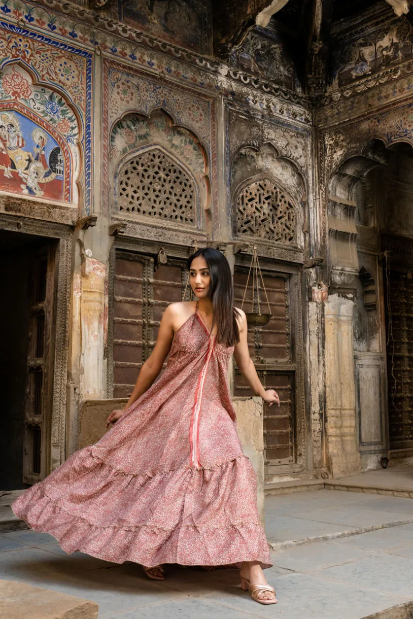 Long Maxi Backless Silk Sari Halter Dress - Red