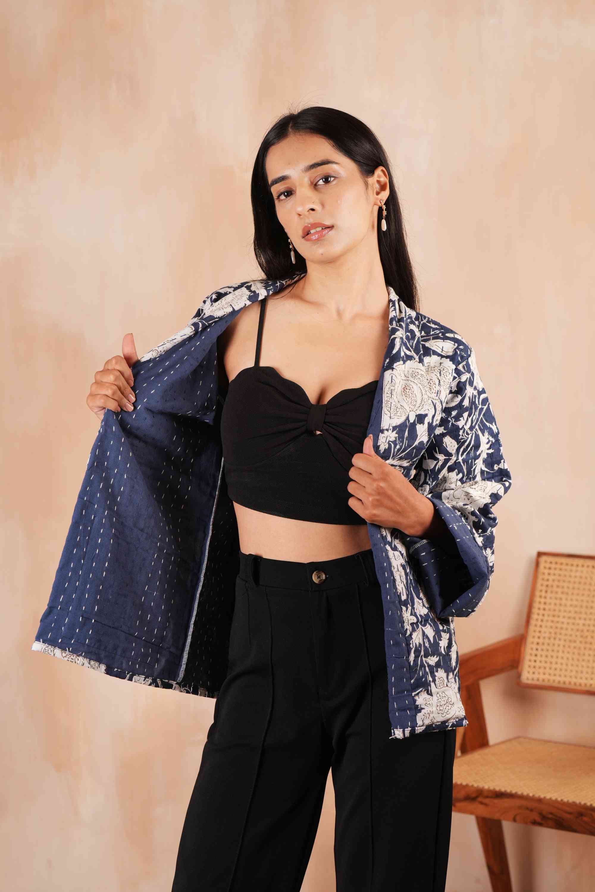 Handmade Blue Cotton Leafy Kantha Jacket