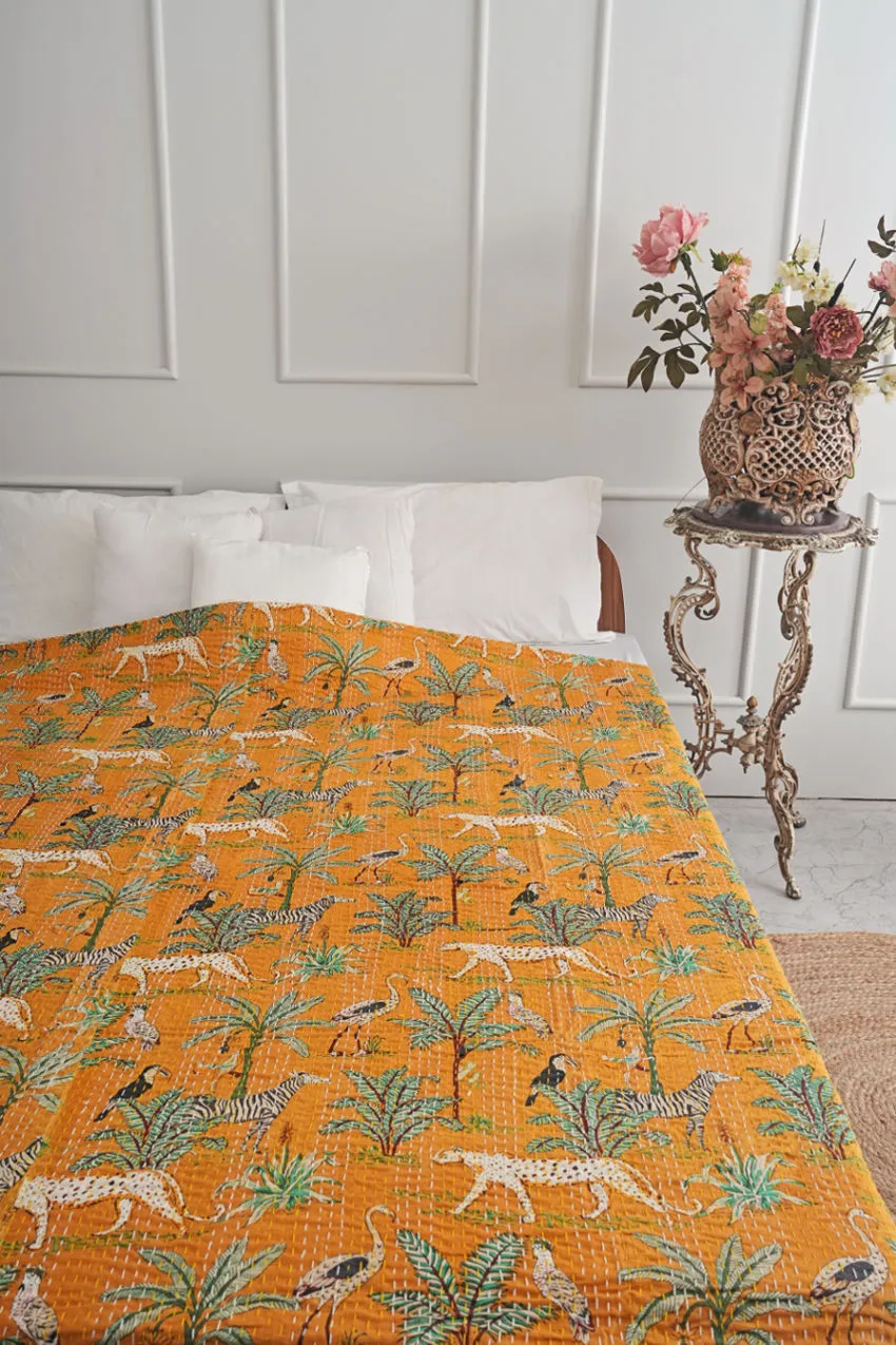 Cheetah Jungle Animal Print Handmade Kantha Quilt - Mustard Yellow