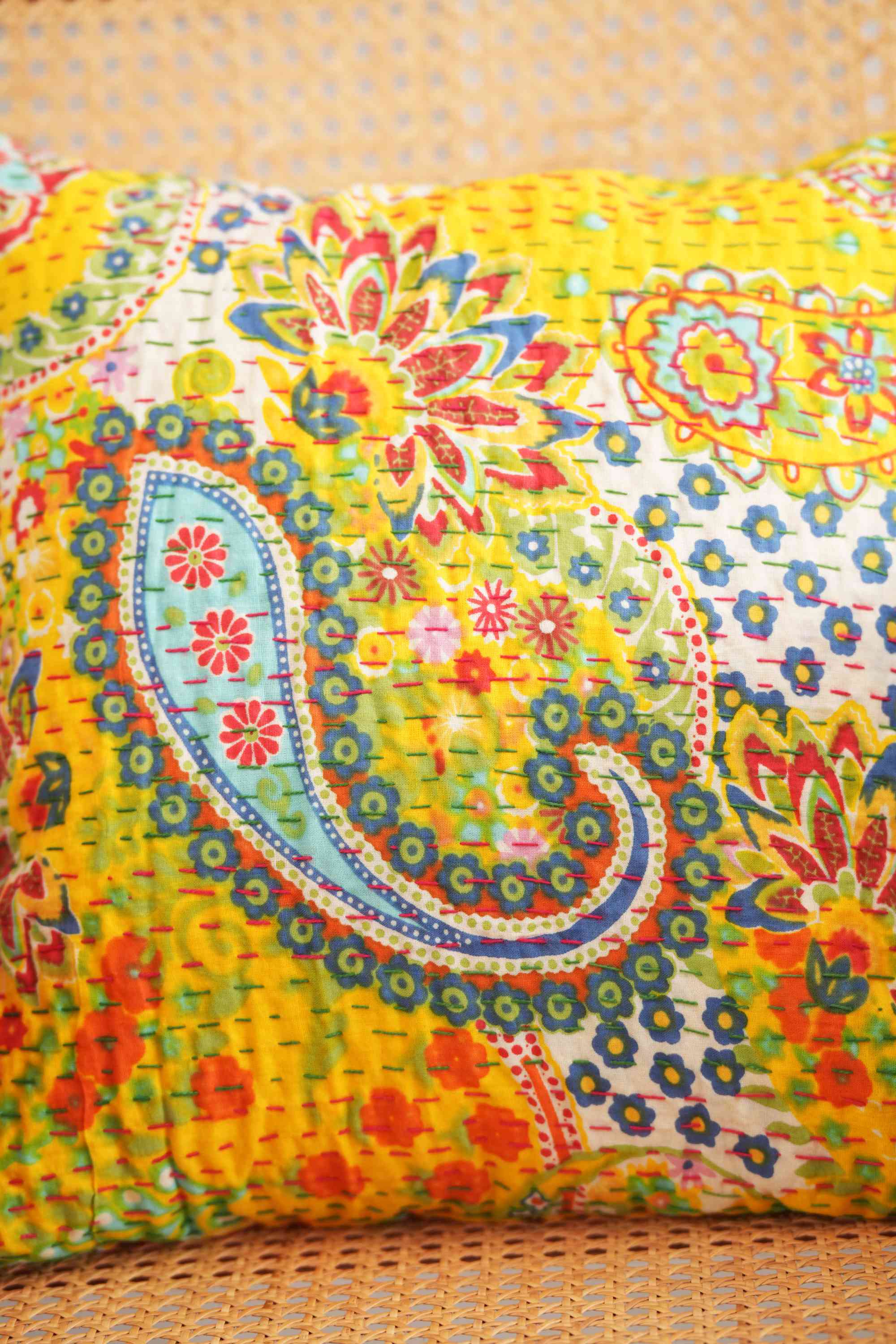 Handmade Cotton Flower Print Kantha Cushion Cover Yellow