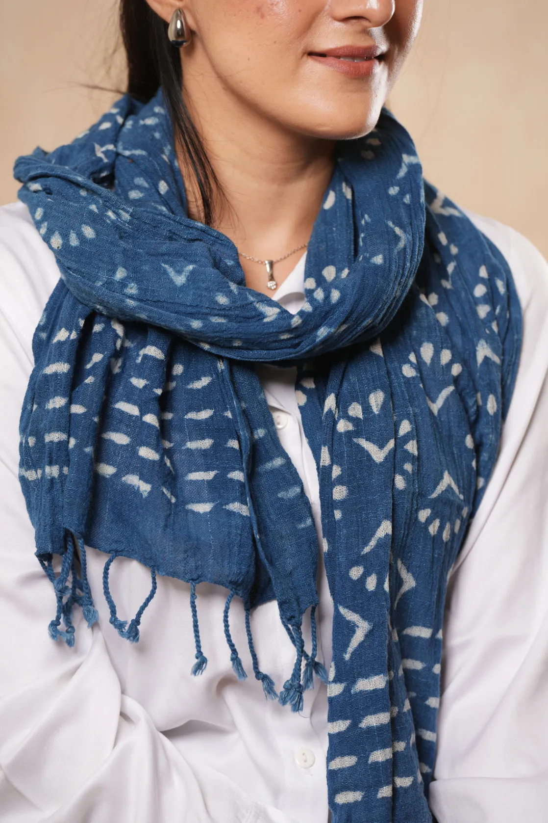 Hand Printed Indian Indigo Organic Cotton Scarf - #D2