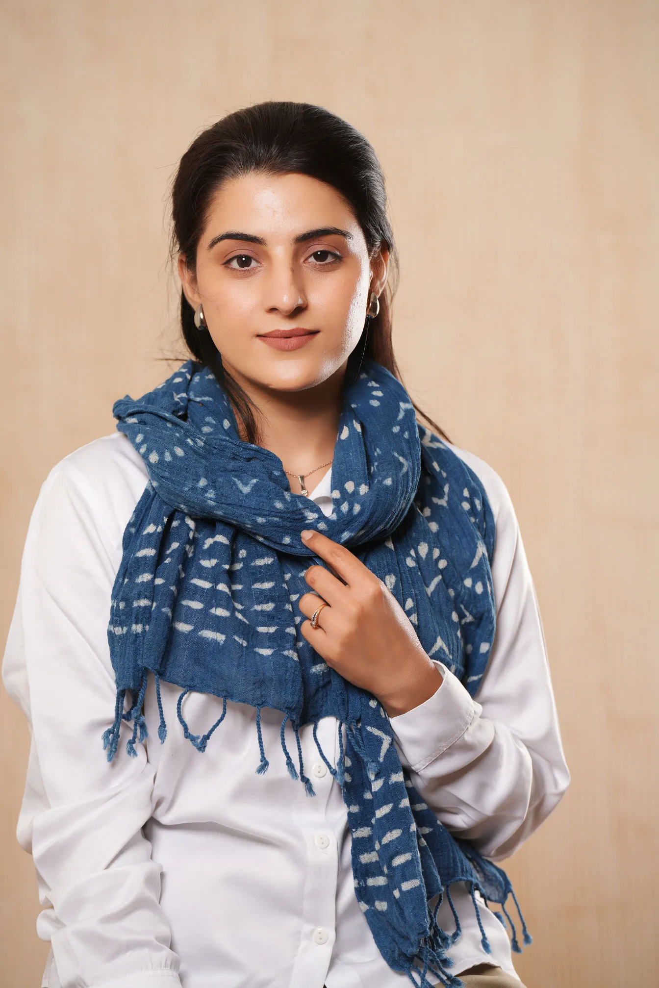 Hand Printed Indian Indigo Organic Cotton Scarf - #D2