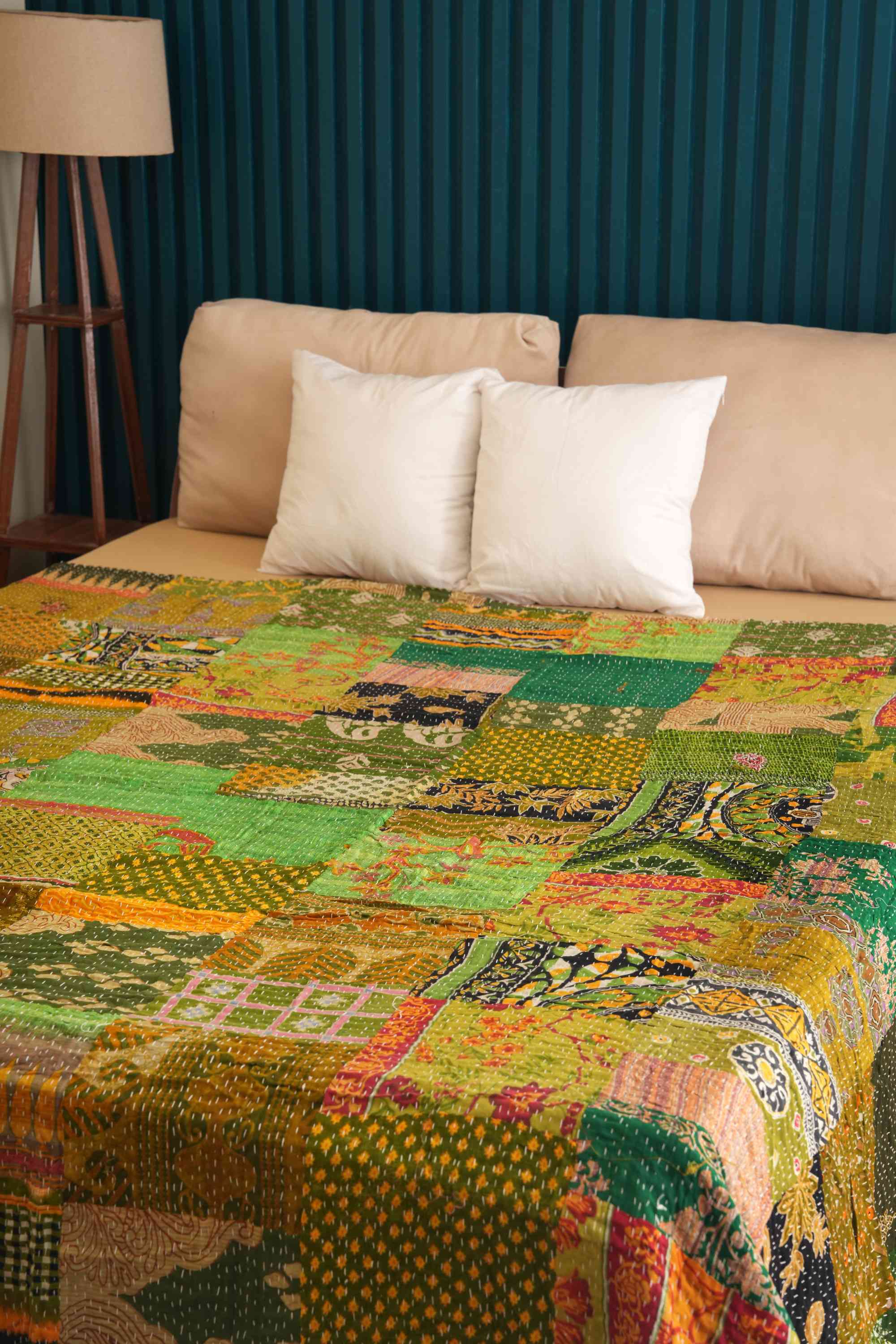 Green Handmade Cotton Vintage Patchwork Kantha Quilt