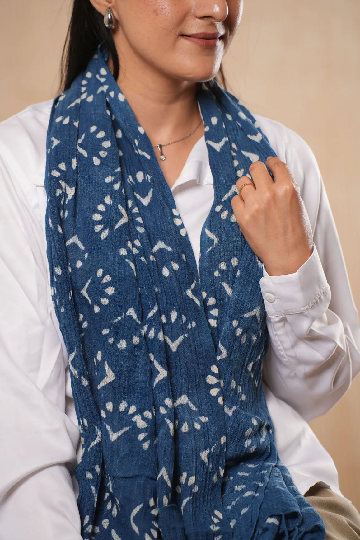 Hand Printed Indian Indigo Organic Cotton Scarf - #D2