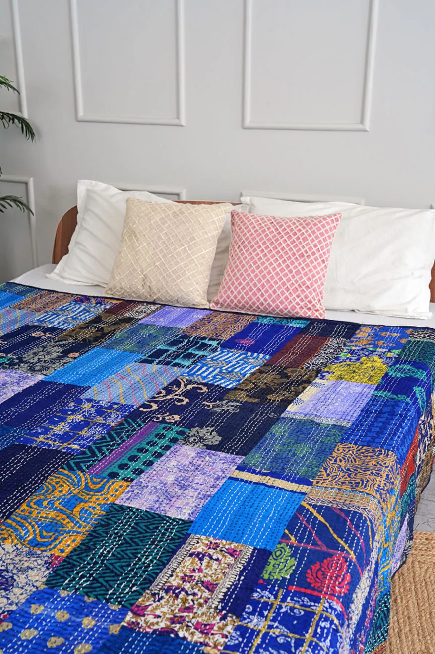 Boho Patchwork Silk Kantha Quilt