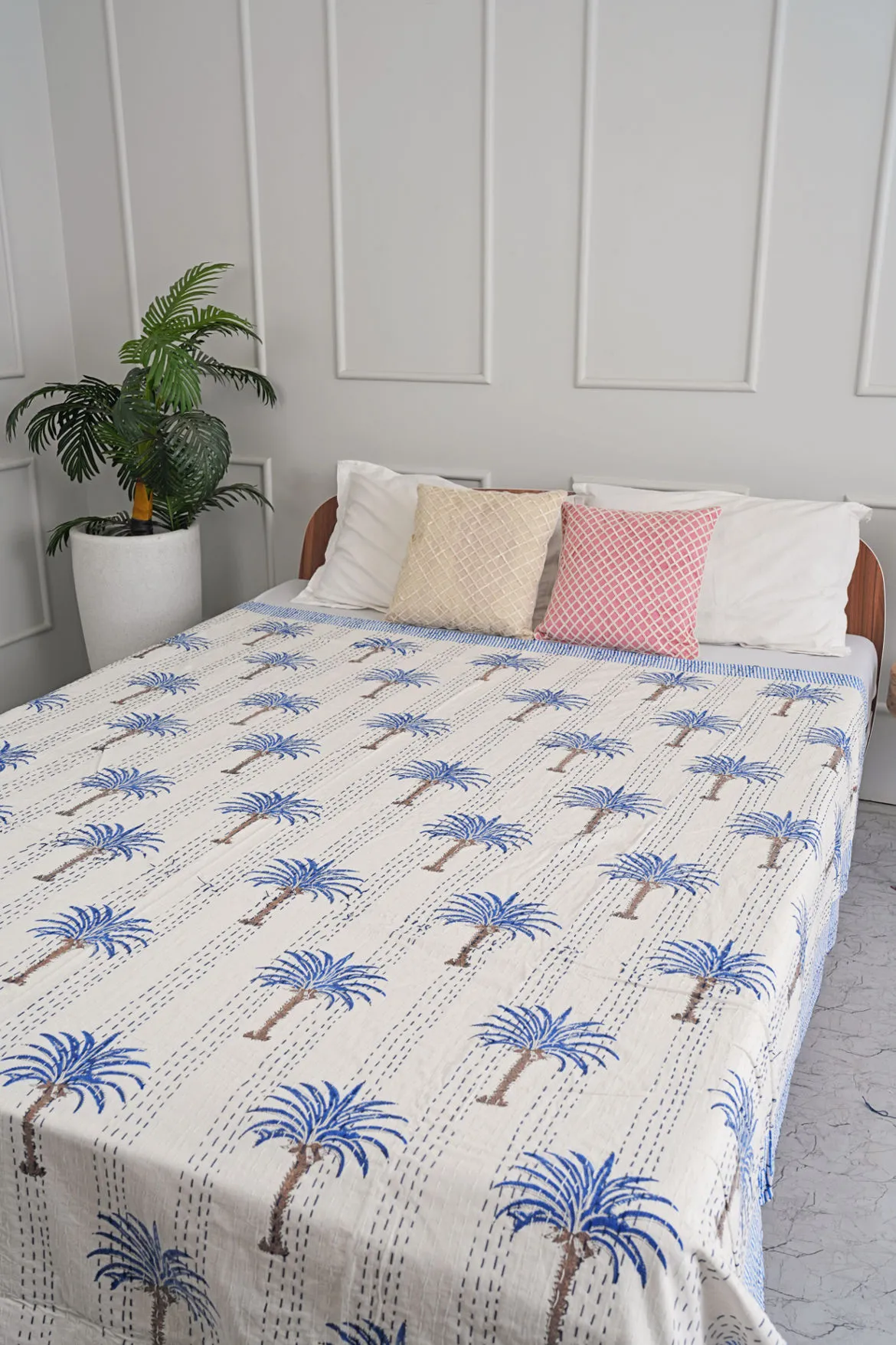 Blue Palm Tree Kantha Quilt