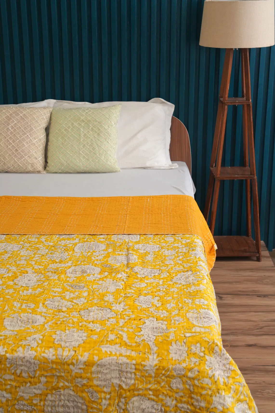 Yellow Minimalist Cotton Kantha Quilt