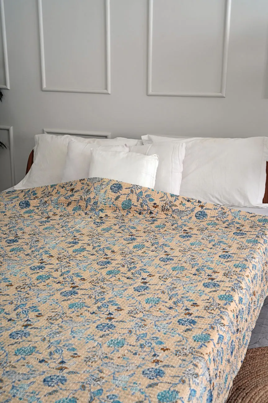 Beige Floral Queen Kantha Quilt