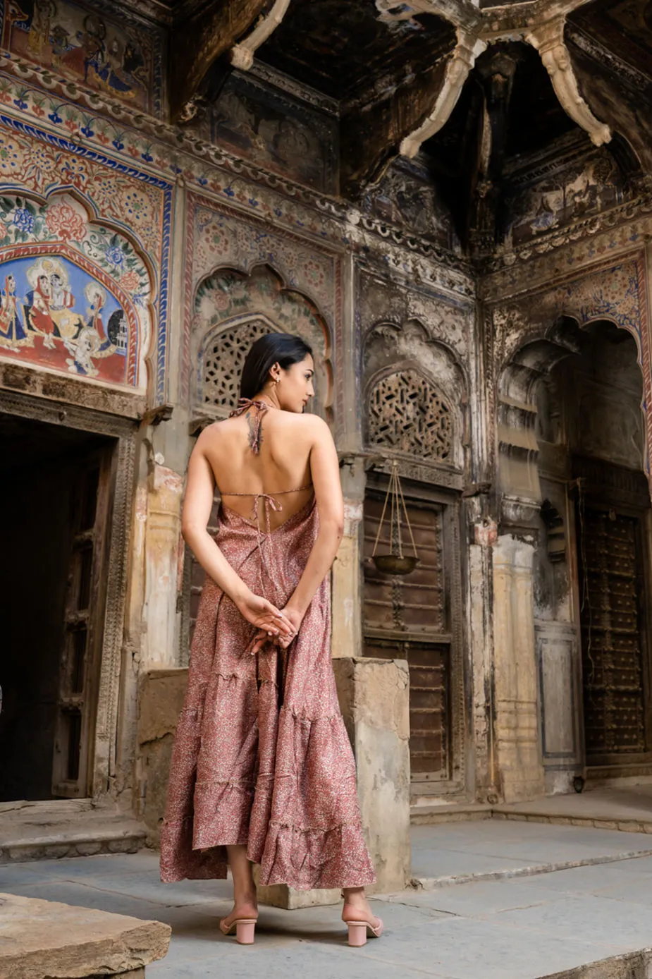 Long Maxi Backless Silk Sari Halter Dress - Red