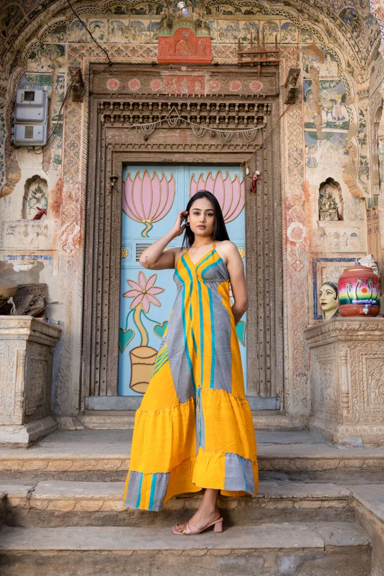 Halter Neck Maxi Backless Silk Dress - Yellow