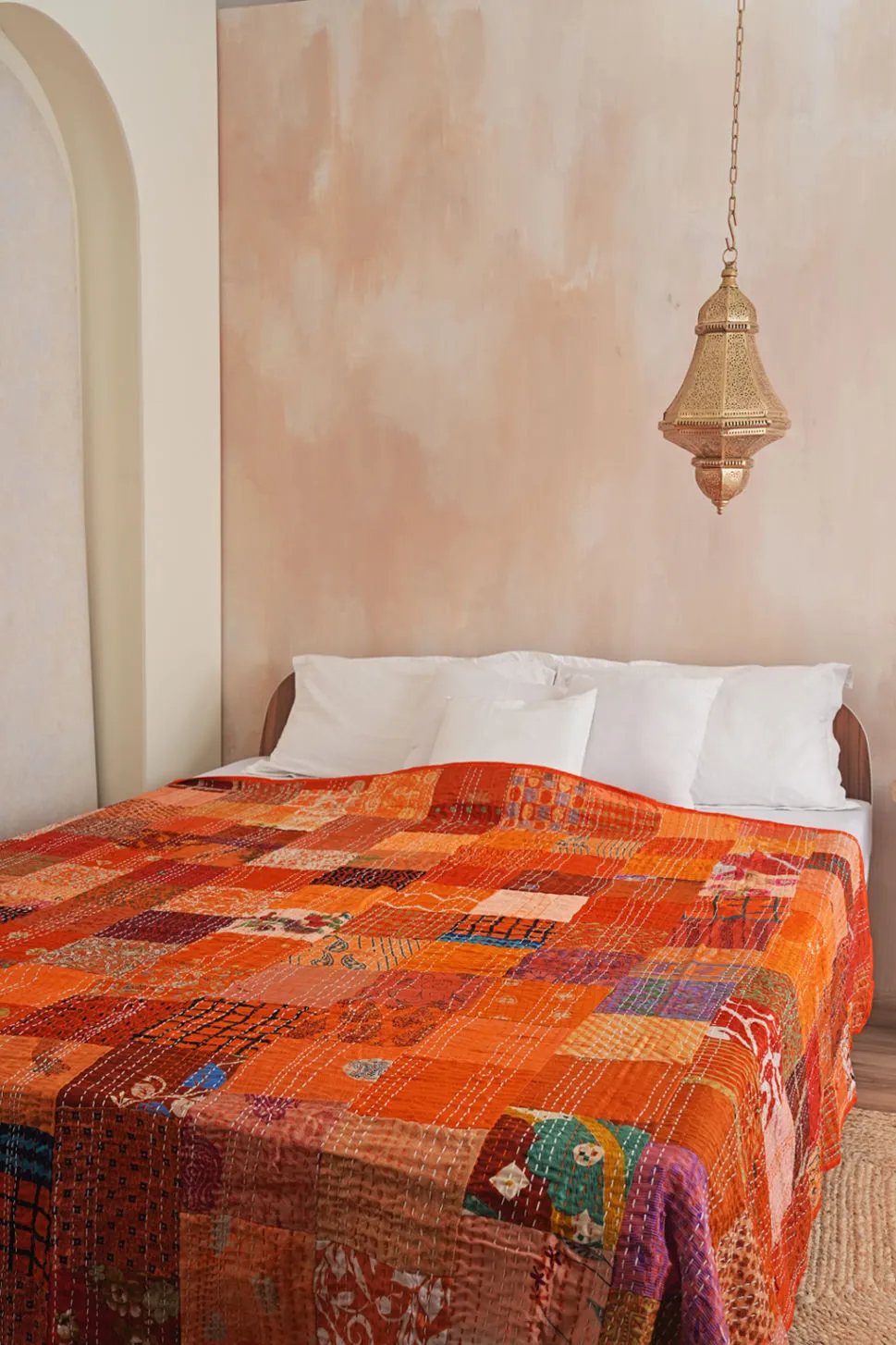 Silk Patchwork Orange Patola Kantha Bedspread