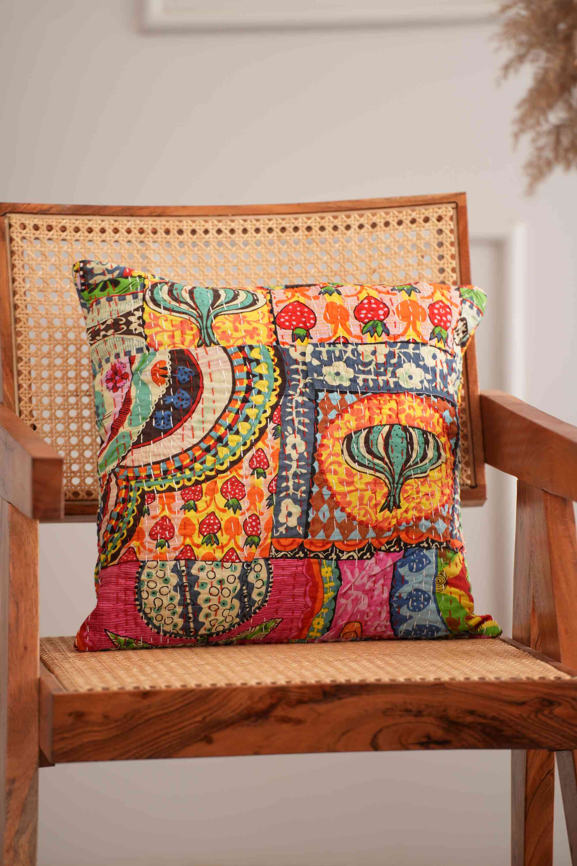 Handmade Cotton Patchwork Kantha Cushion Cover Yellow