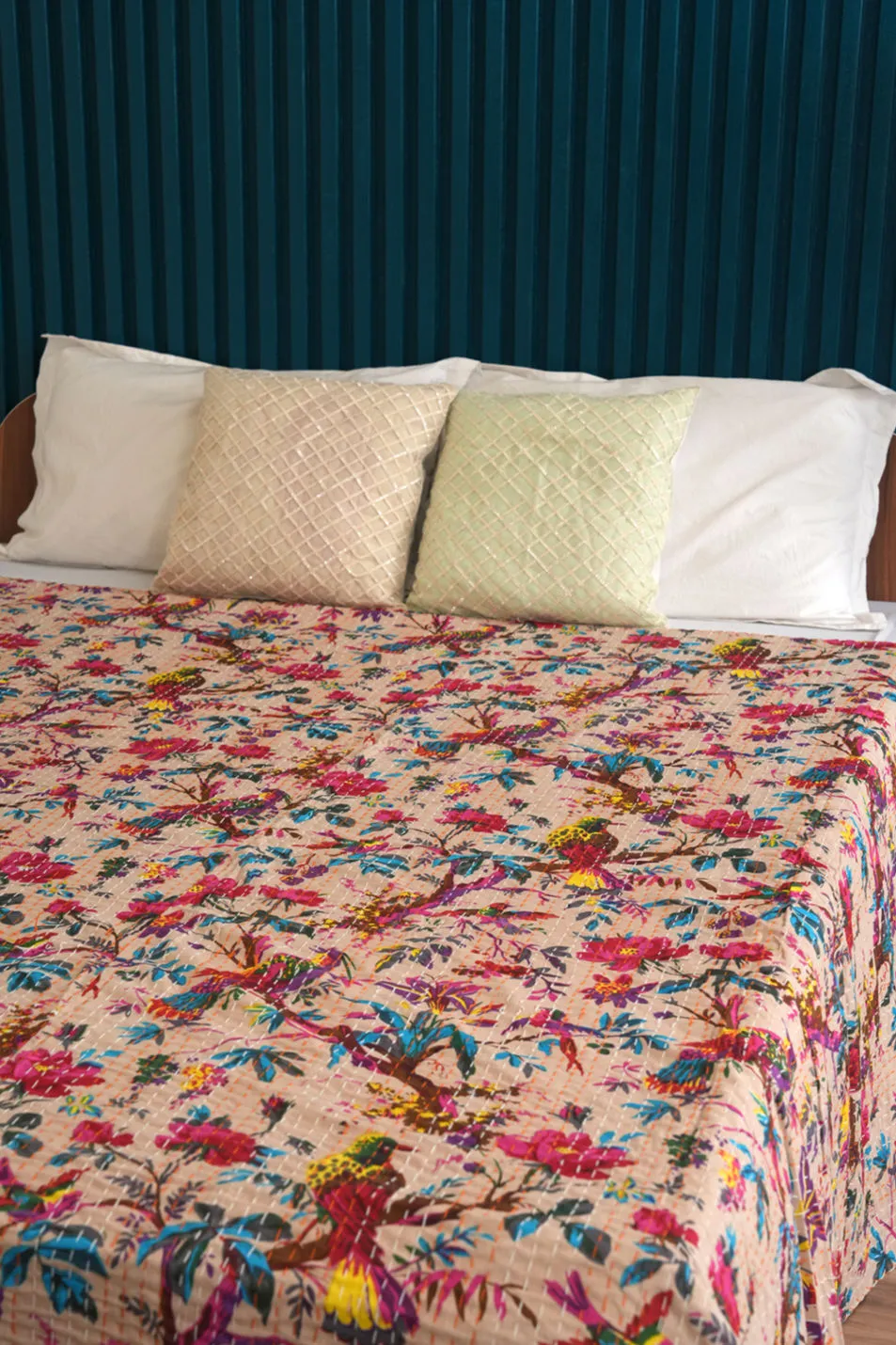 Beige Bird Cotton Handmade Kantha Quilt