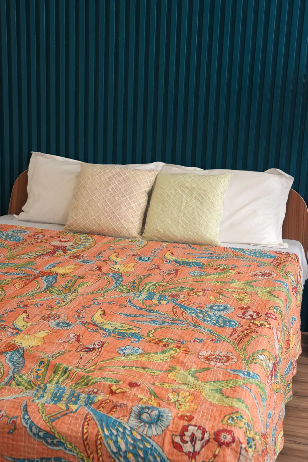 Peacock Kantha Quilt - Peach