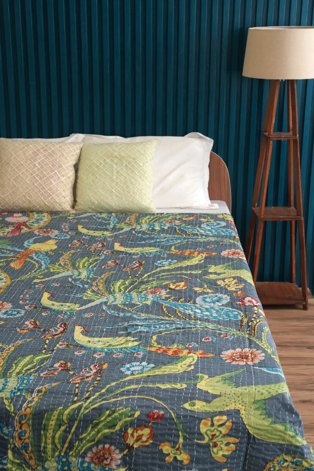 Peacock Kantha Quilt - Grey