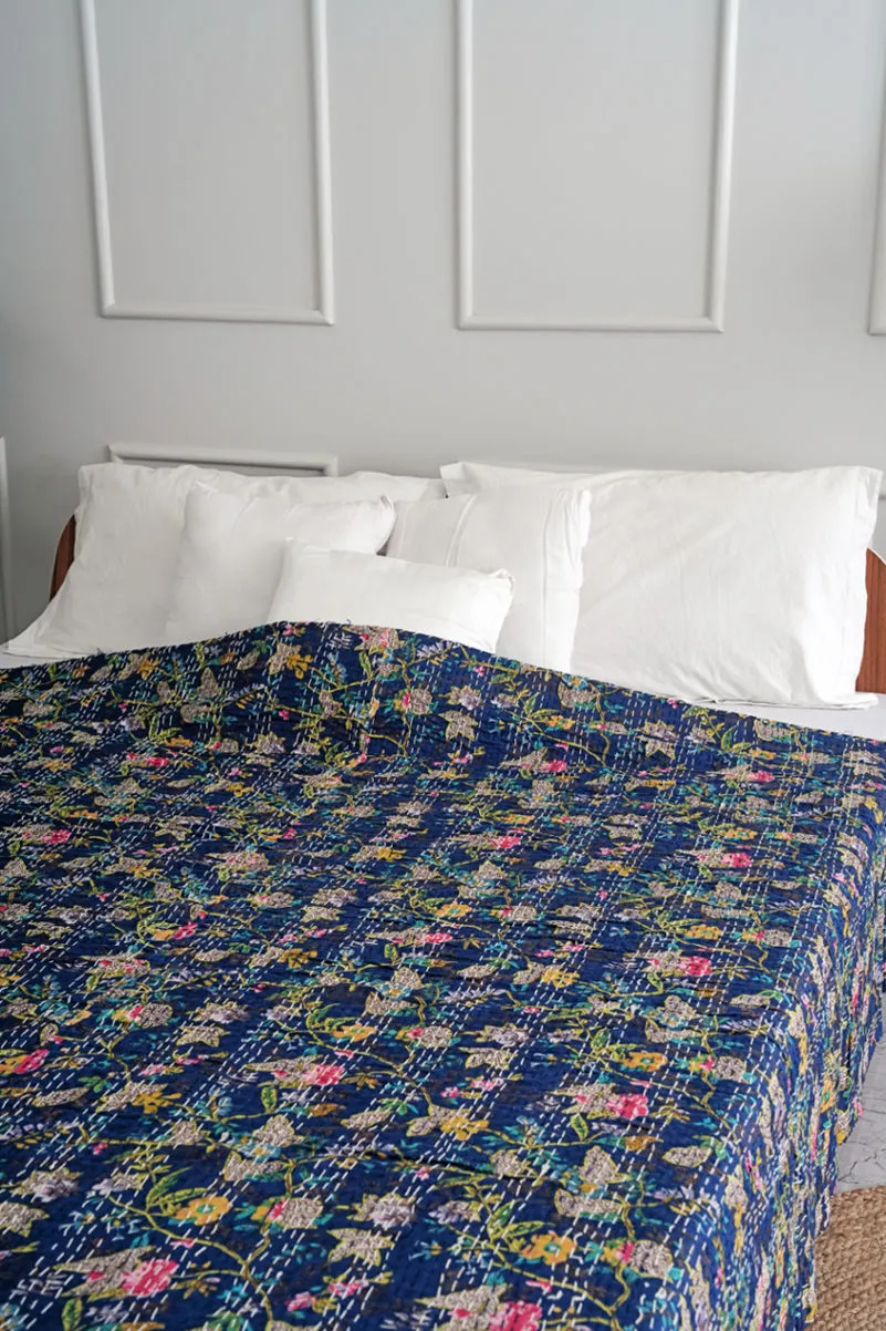 Blue Floral Kantha Bedspread