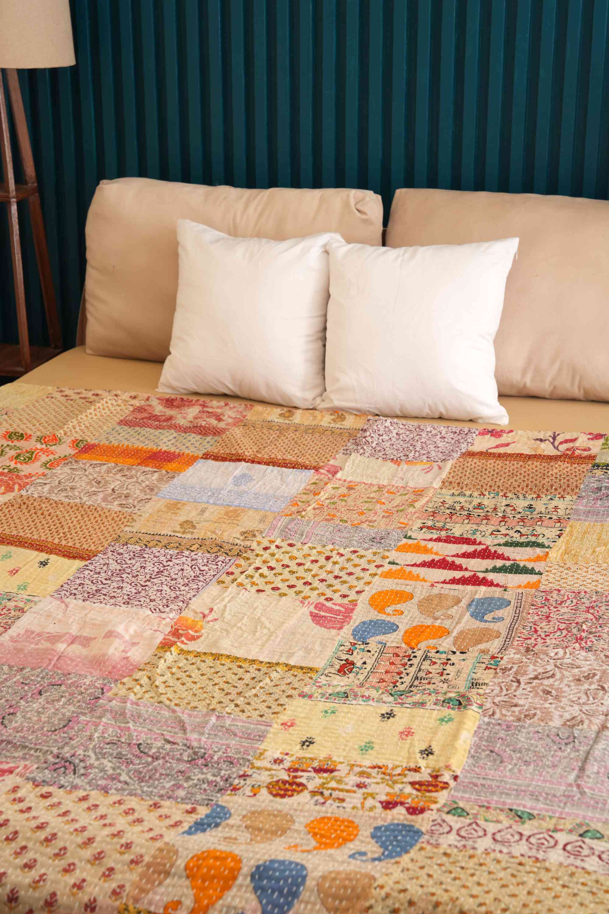 Handmade Beige Vintage Patchwork Kantha Quilt