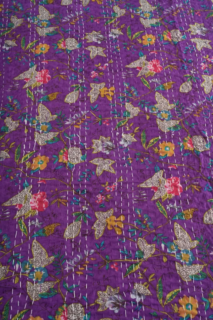 Purple Floral Handmade Cotton Kantha Quilt