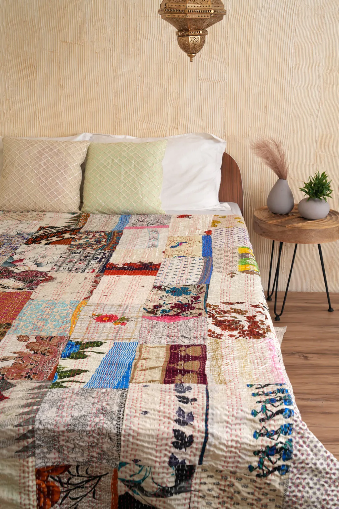 Bohemian Patchwork Silk Kantha Bedspread