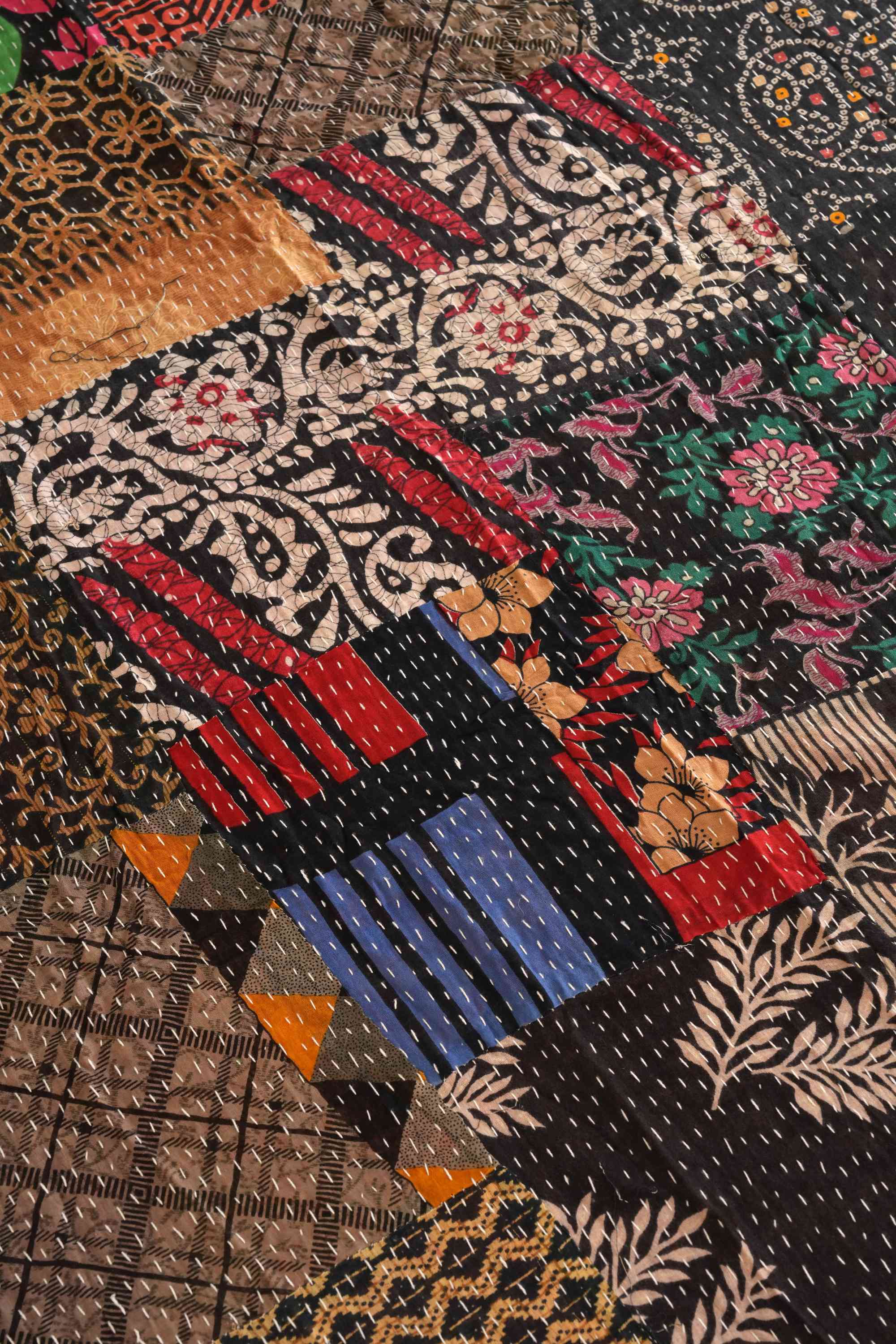 Handmade Black Vintage Patchwork Kantha Quilt