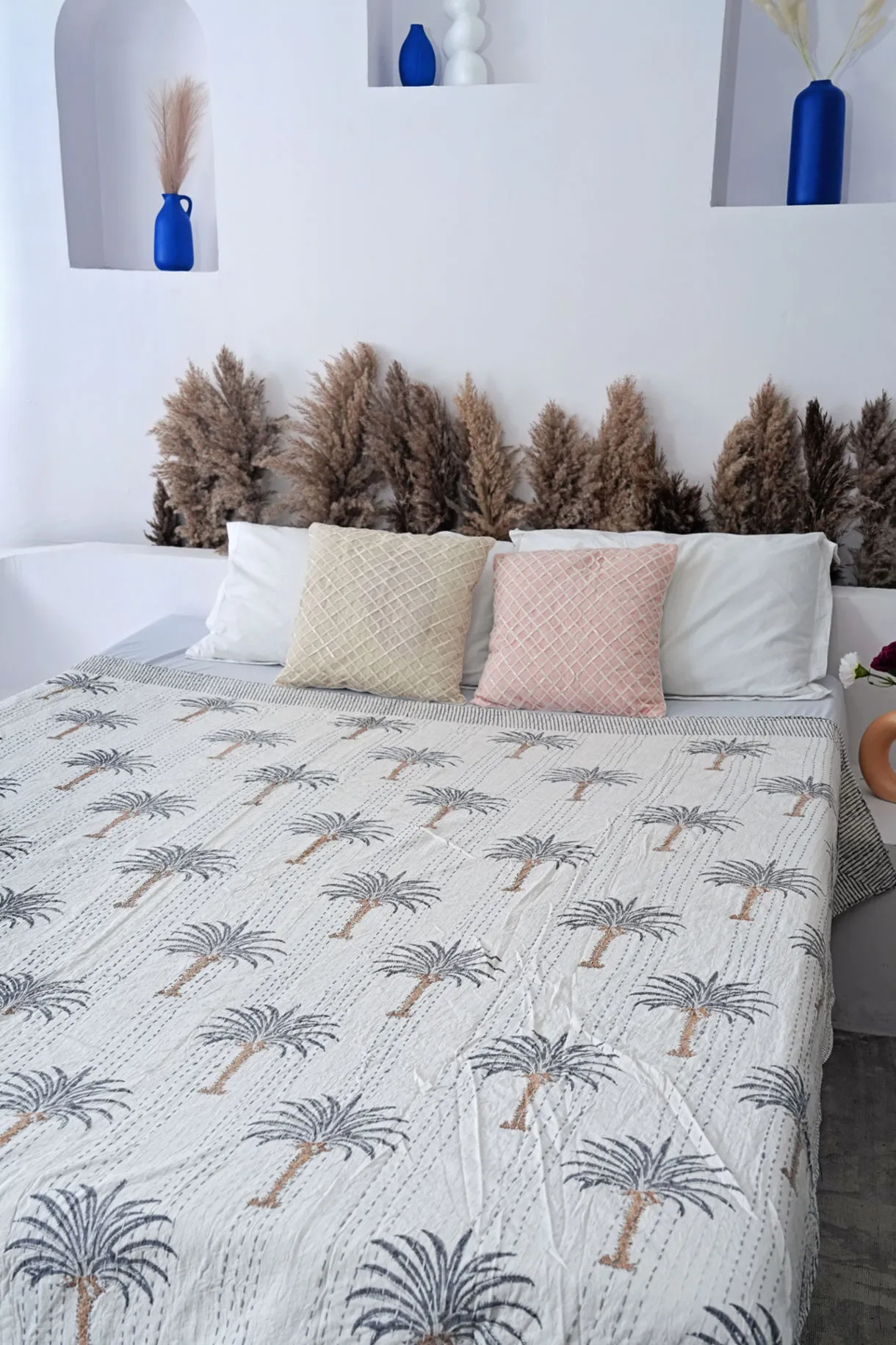 Palm Tree Kantha Quilt - Grey