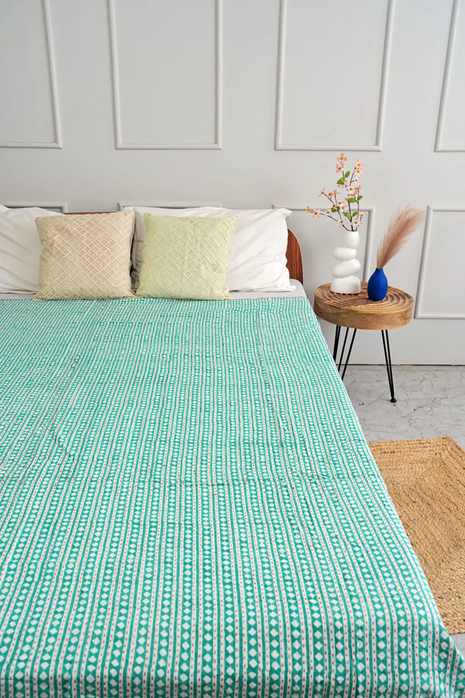 Kantha Quilt in Luxurious Turquoise Diamond Print