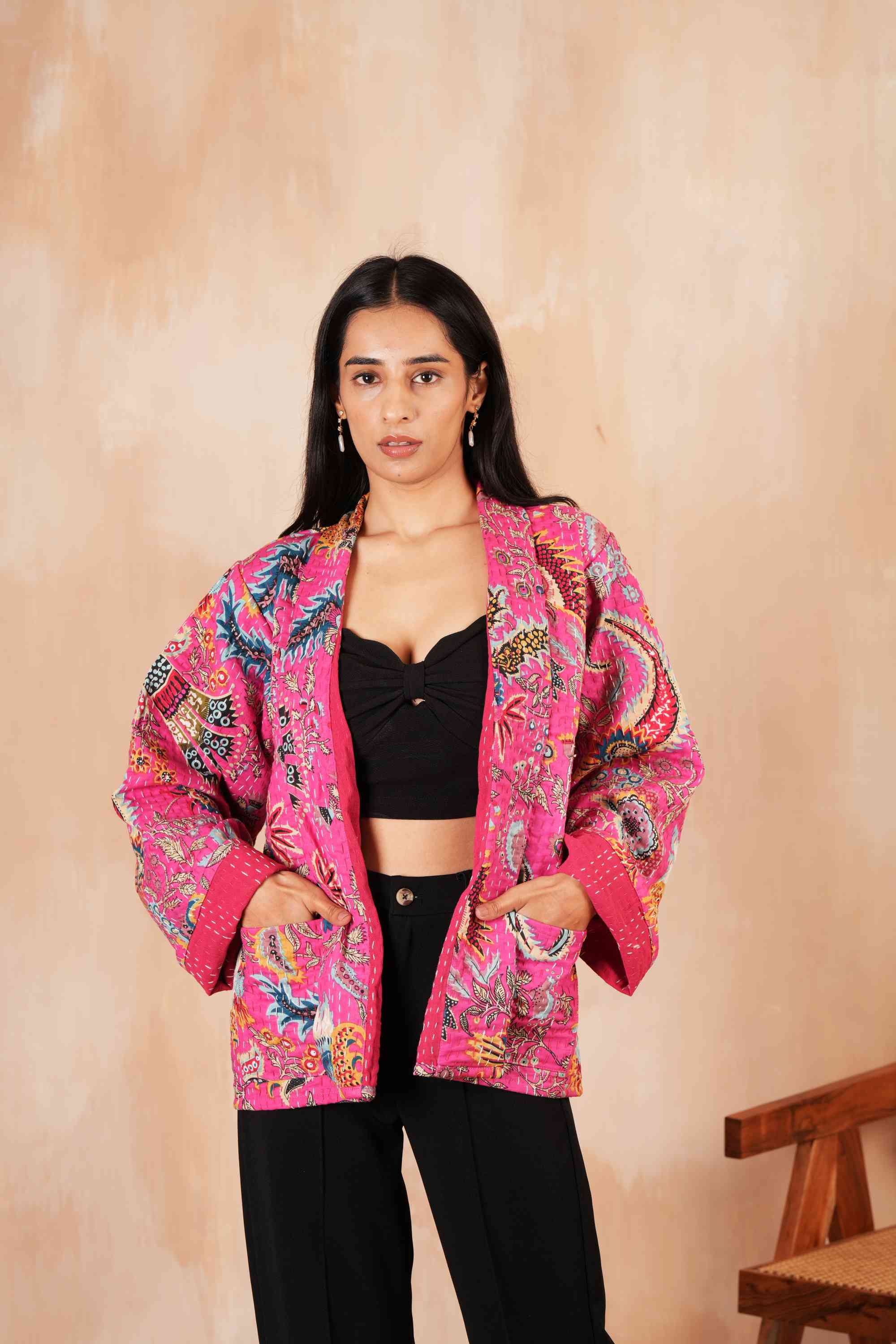 Floral Cotton Kantha Jacket - Pink