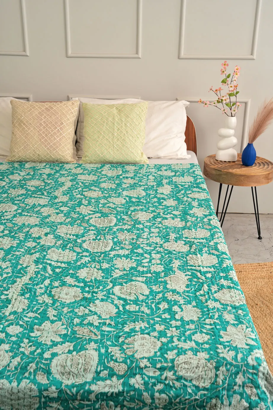 Minimalist Green Leafy Kantha Quilt