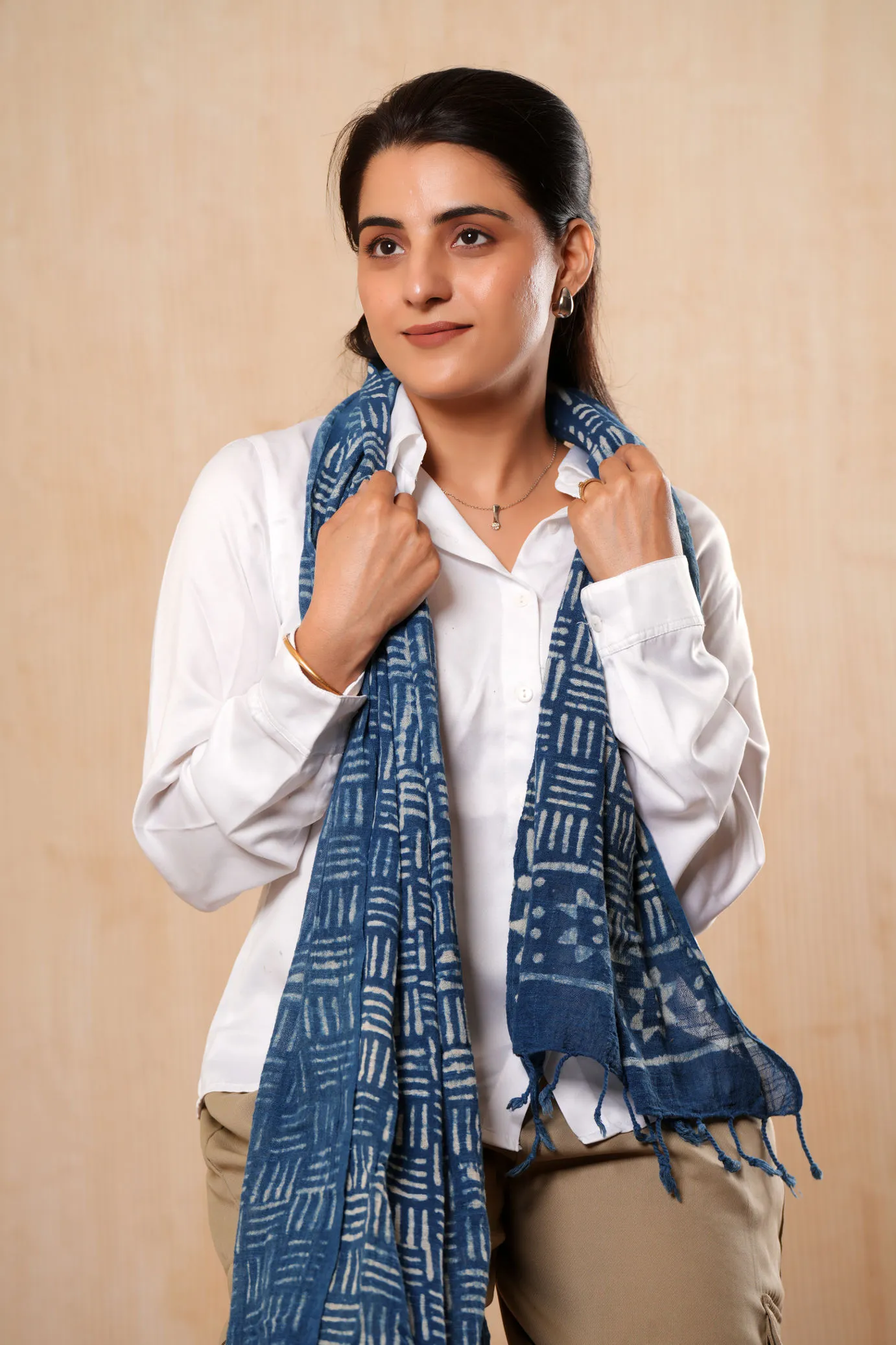 Hand Printed Cotton Indigo Blue Scarf - #D8