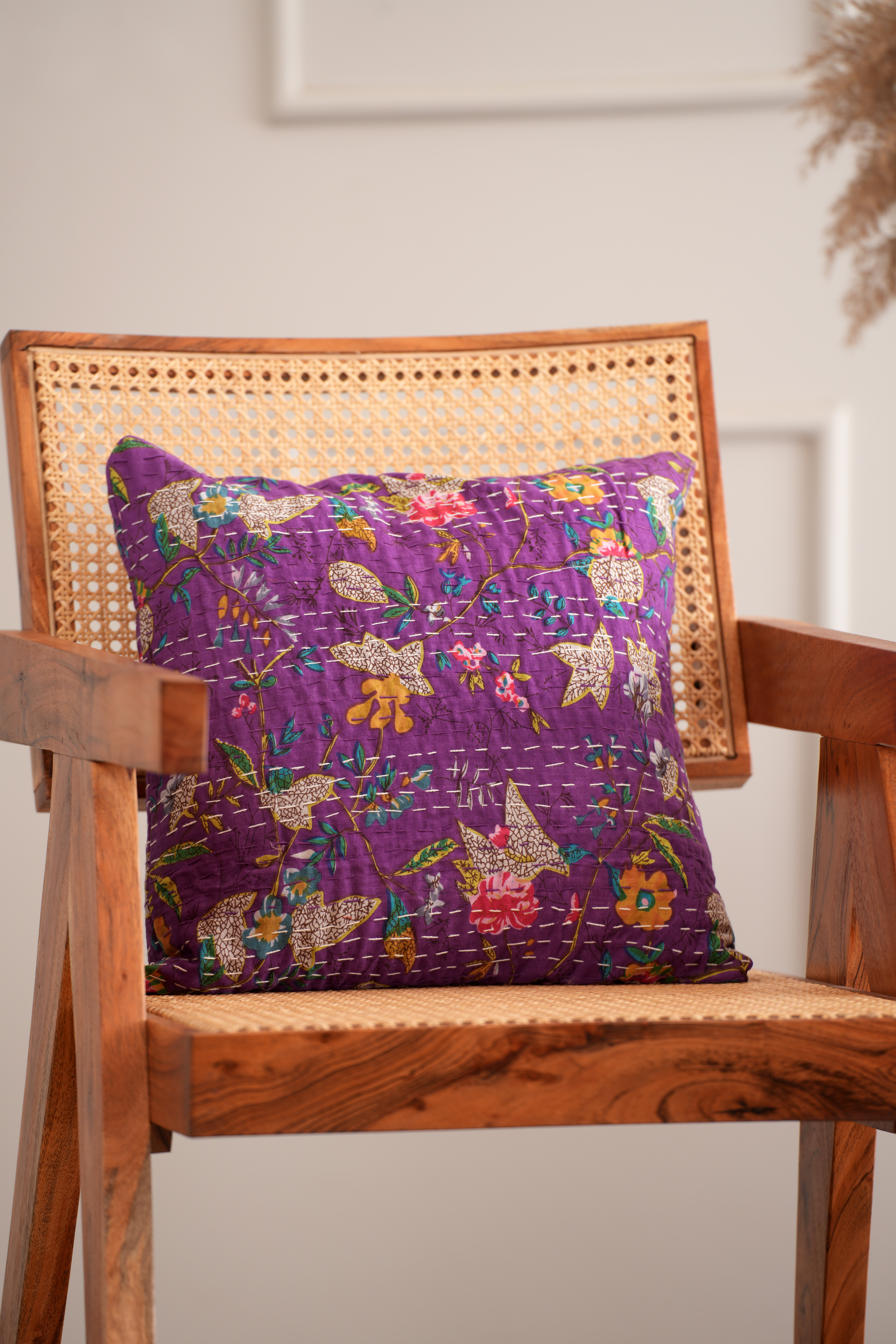 Handmade Cotton Flower Print Kantha Cushion Cover Purple