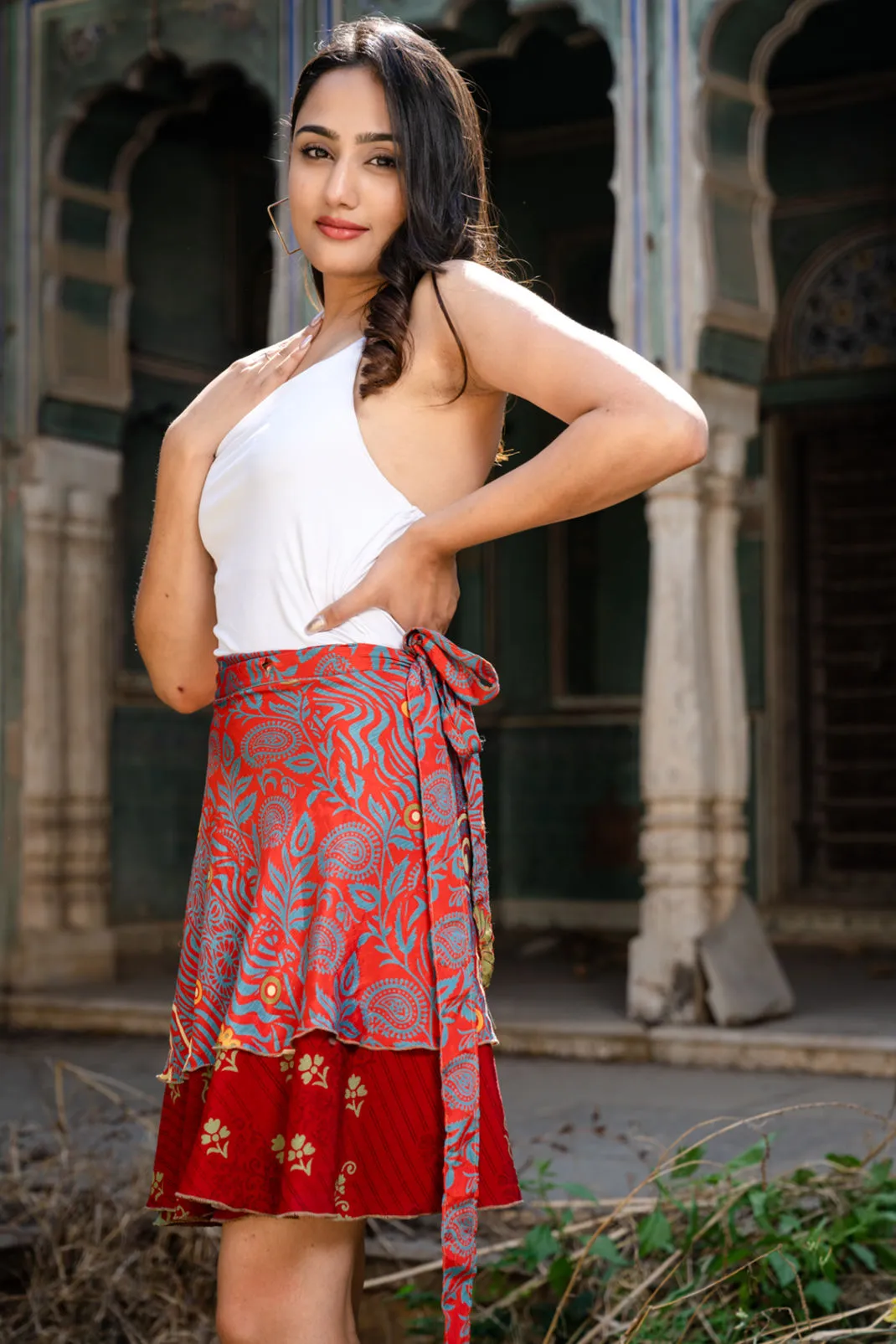 Red Short Silk Wrap Skirt