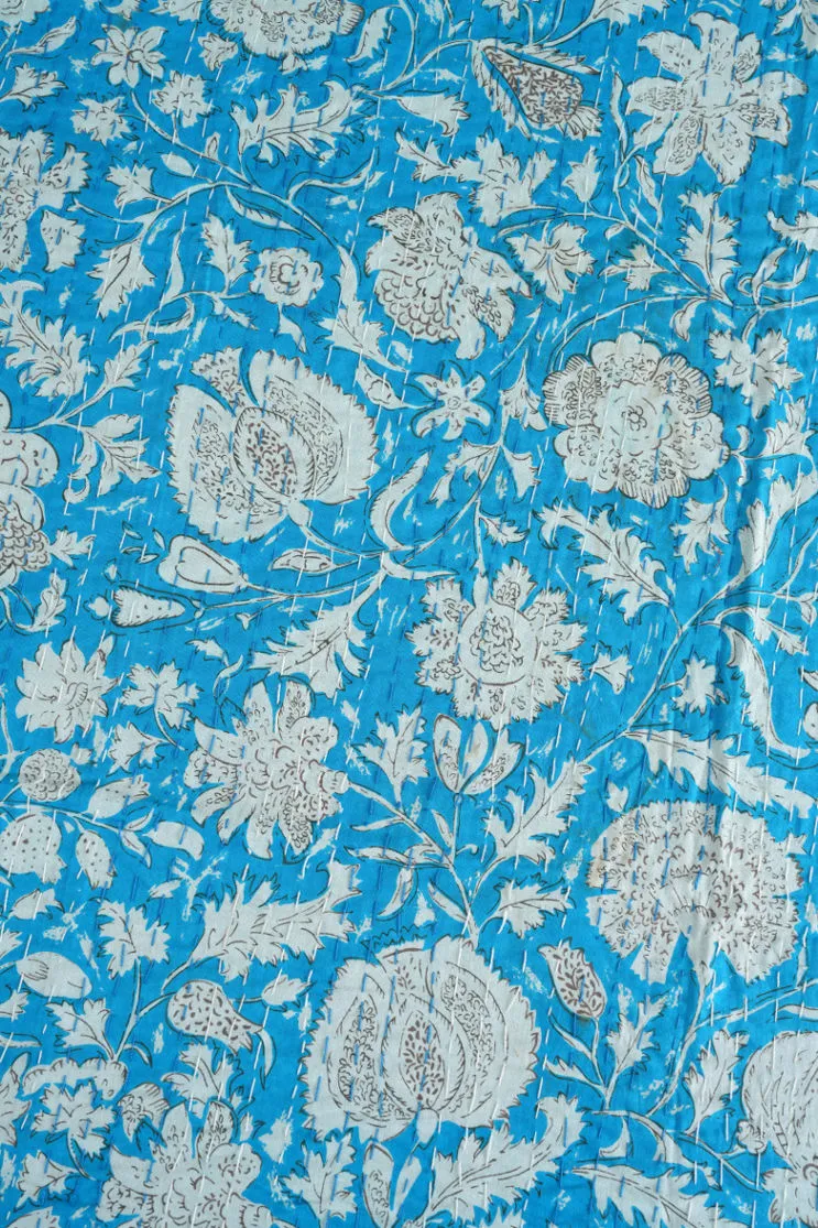 Turquoise Leafy Kantha Bedspread