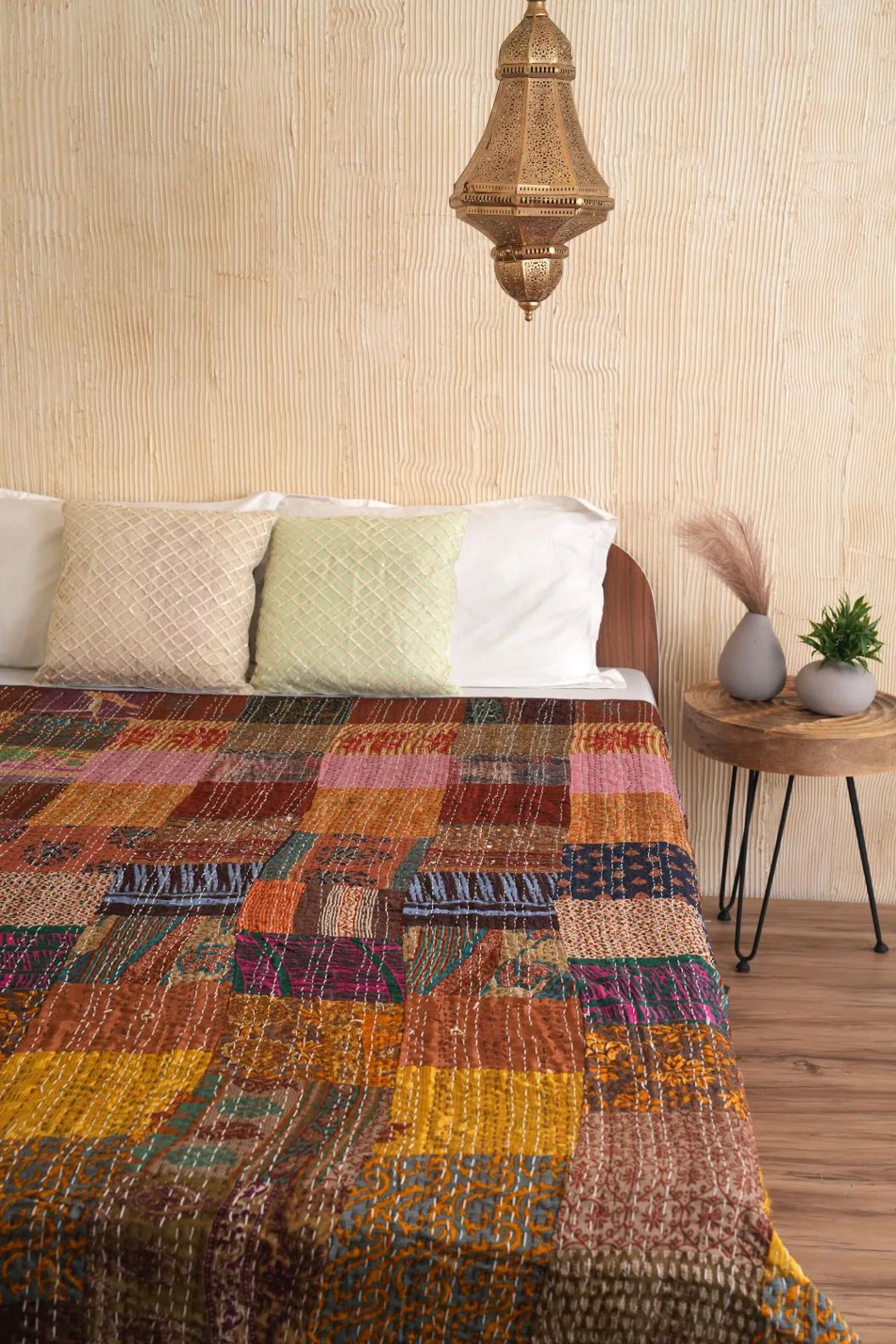 Brown Patchwork Vintage Silk Patola Kantha Quilt