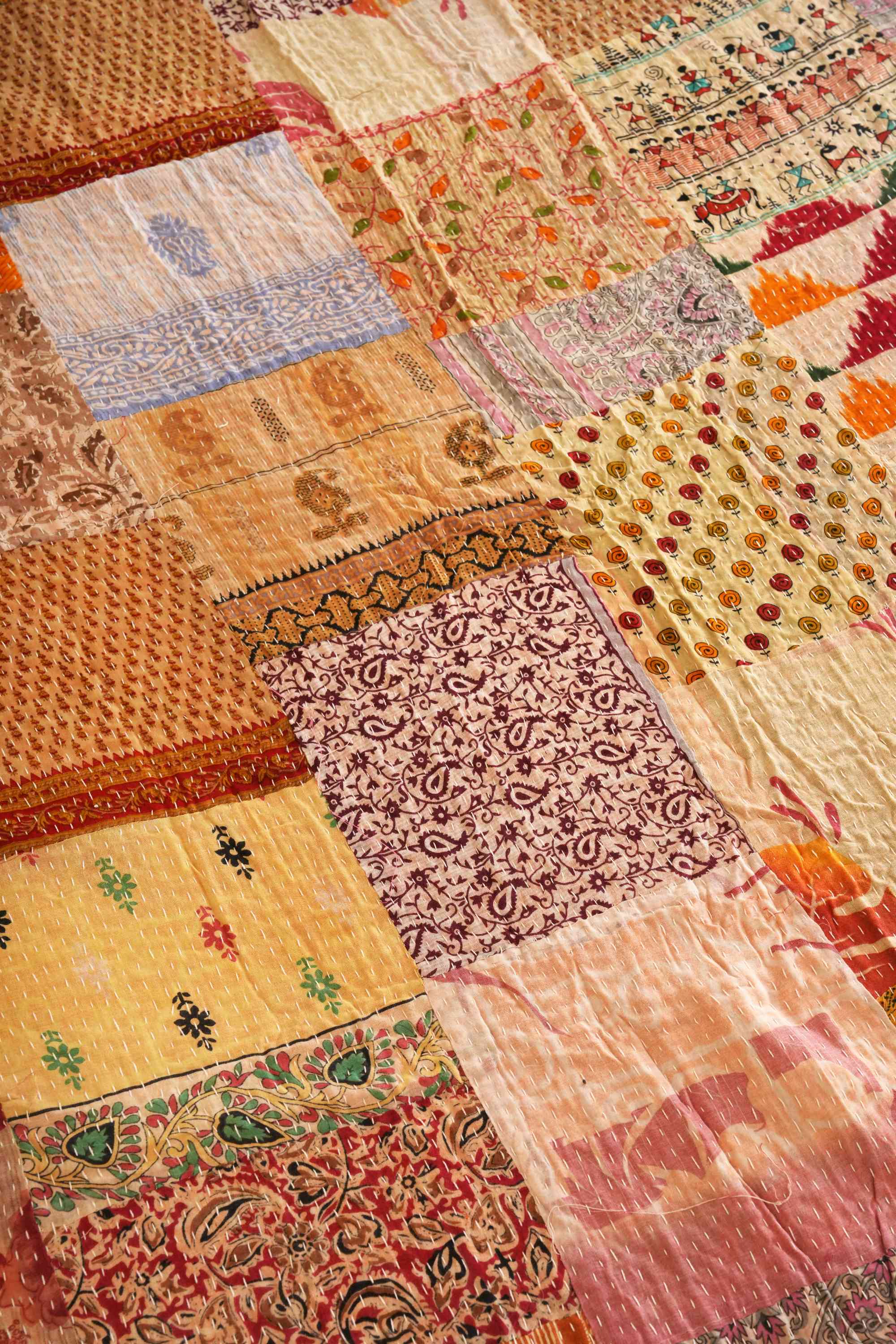 Handmade Beige Vintage Patchwork Kantha Quilt