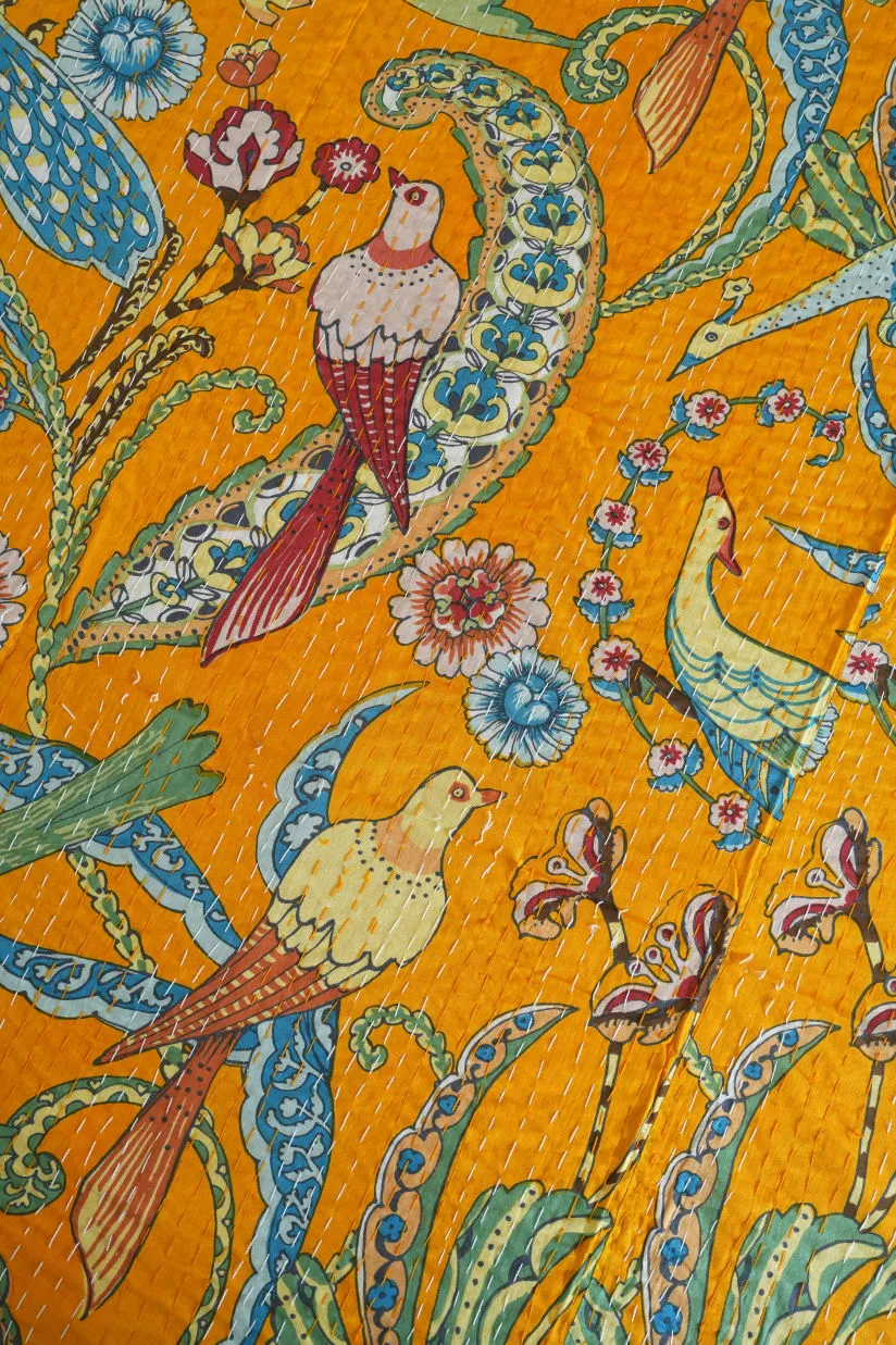 Peacock Kantha Quilt - Yellow