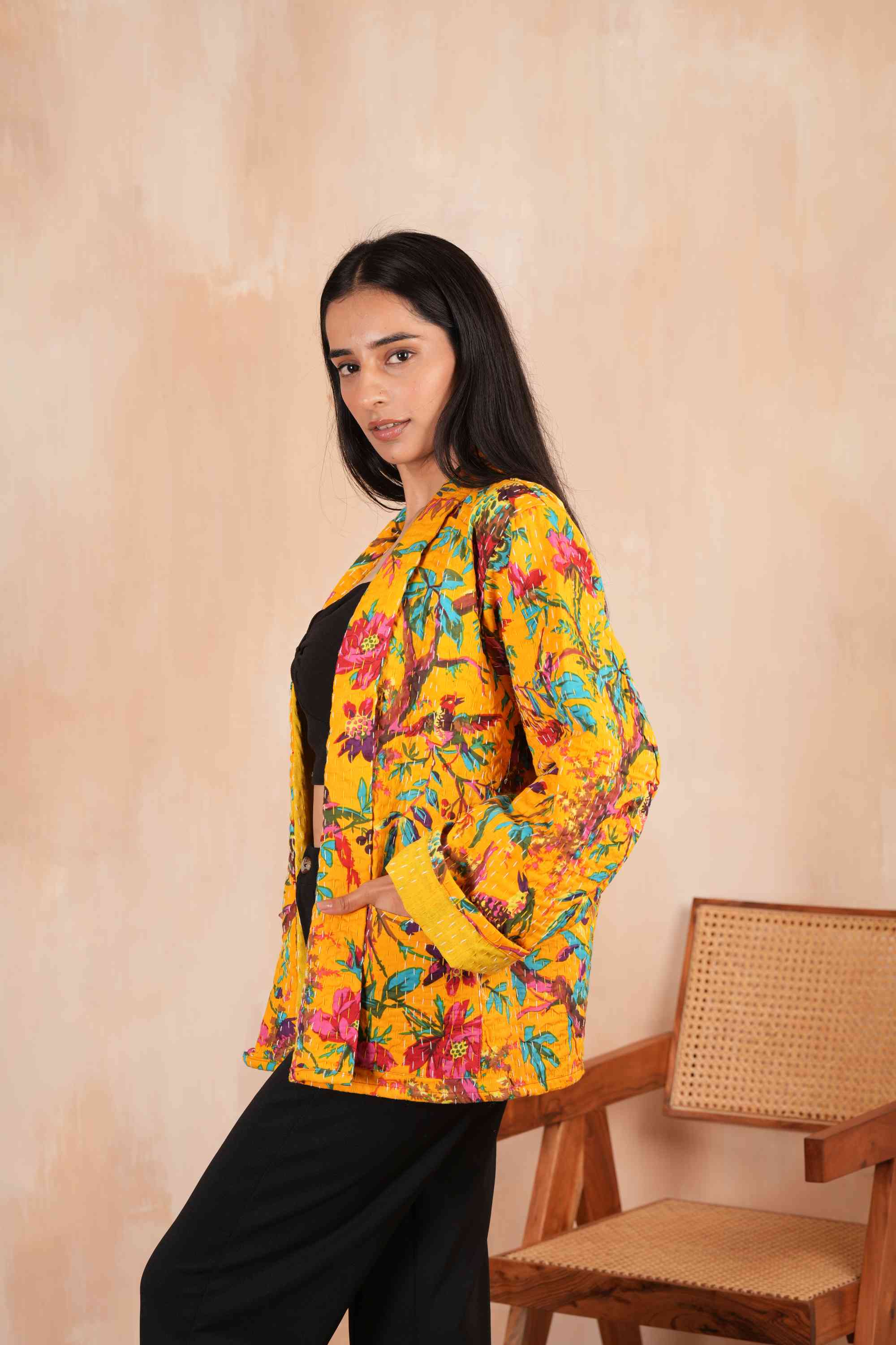 Sparrow Printed Cotton Kantha Quilted Jacket