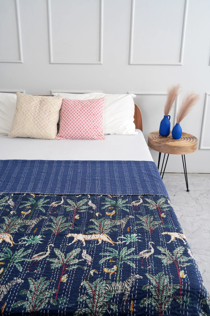 Navy Safari Kantha Bedcover