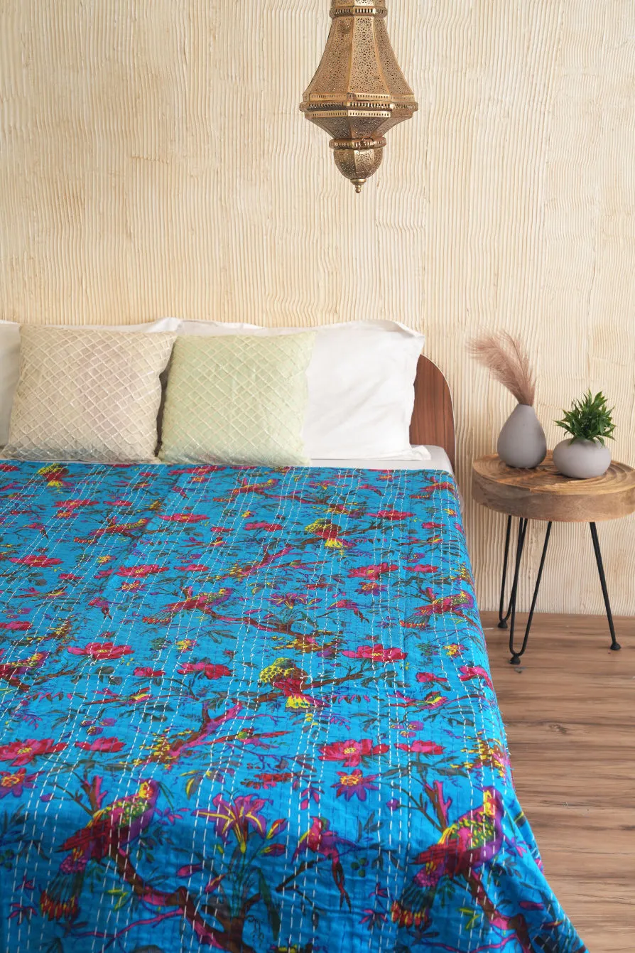 Turquoise Birds Floral Kantha Quilt