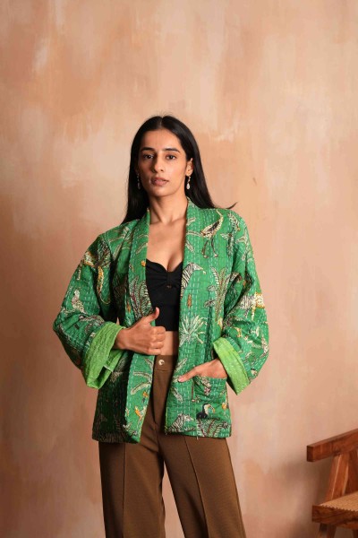 Handmade Jangal Cotton Kantha Jacket Green