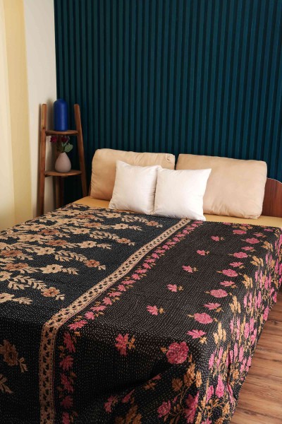 Handmade Cotton Black Vintage kantha Quilt