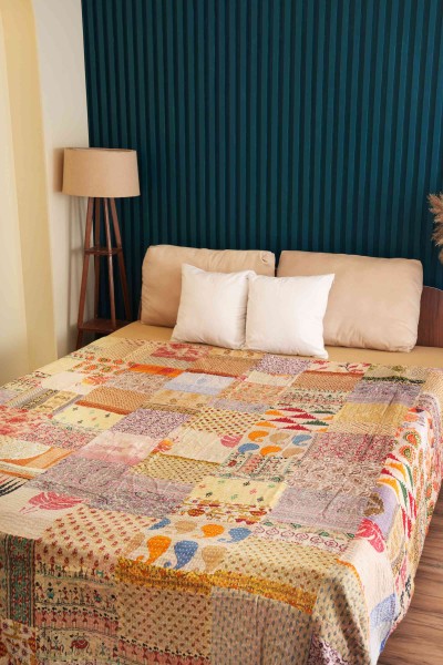 Handmade Beige Vintage Patchwork Kantha Quilt