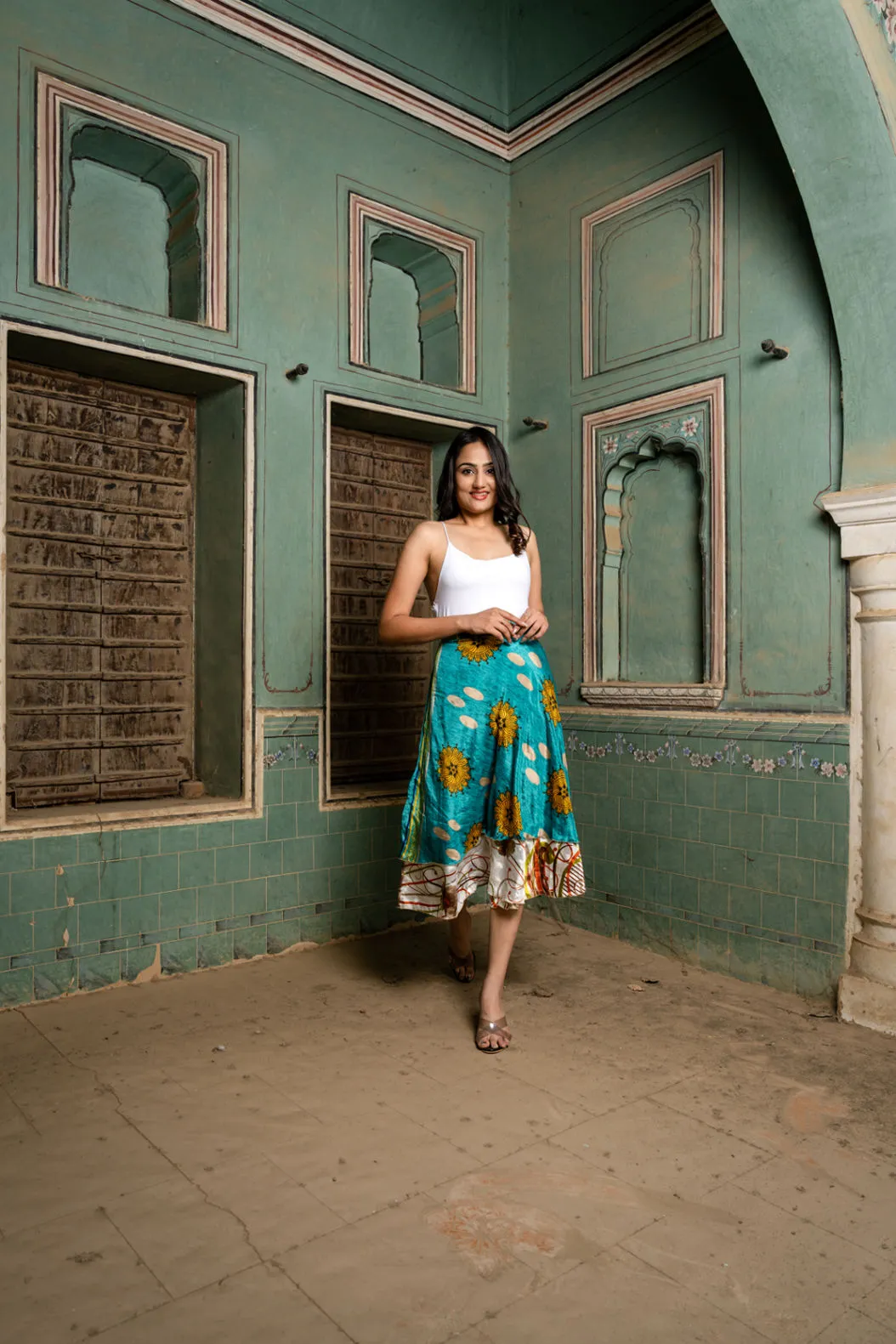 Floral Silk Sari Wrap Skirt - Tea Lenght